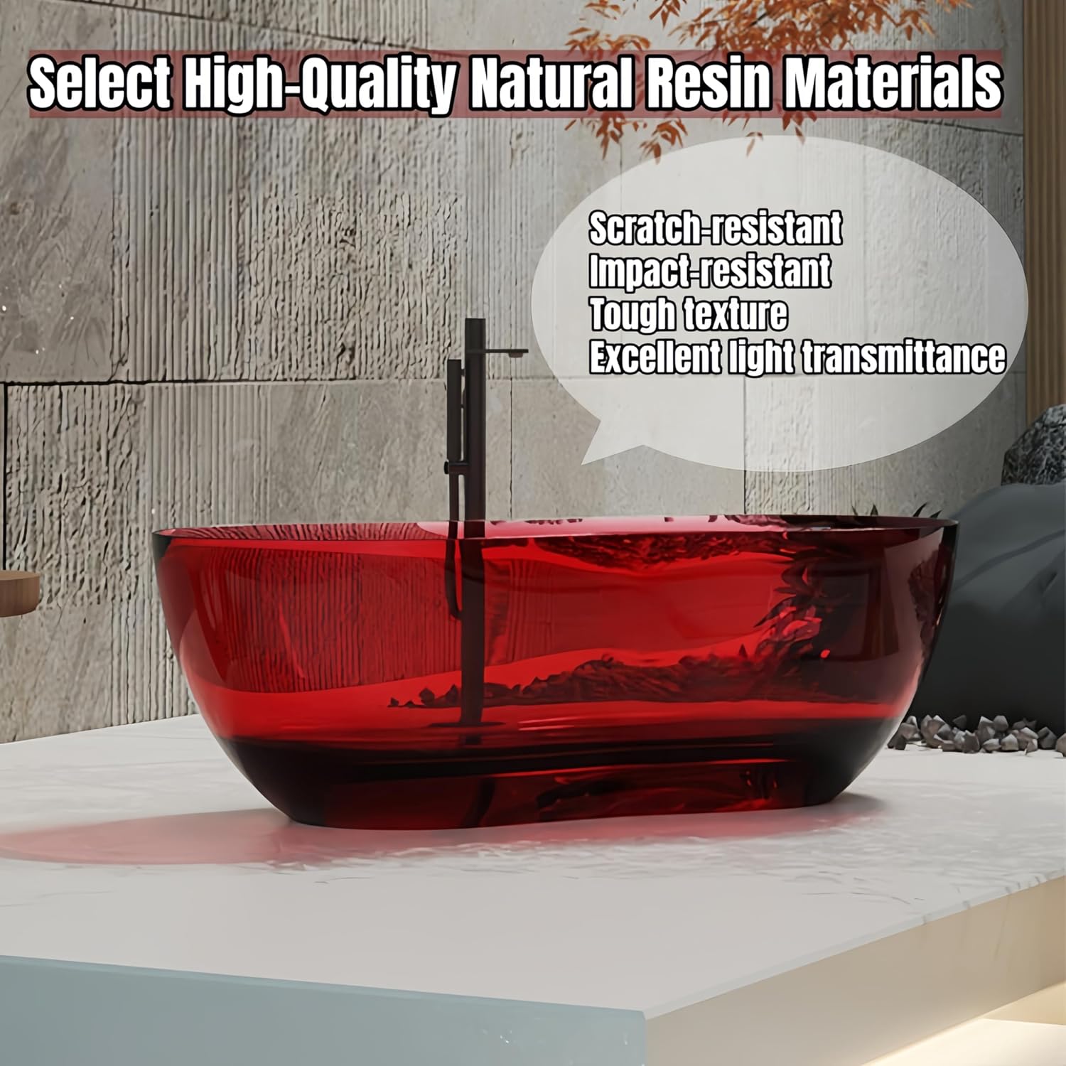 Freestanding Bathtub - Crystal Clear Solid Surface Soaker Tub, Extra Deep Stand Alone Freestanding Bathtubs Made of Natural Resin, Elegant Solid Surface Bathtub (68',Black)