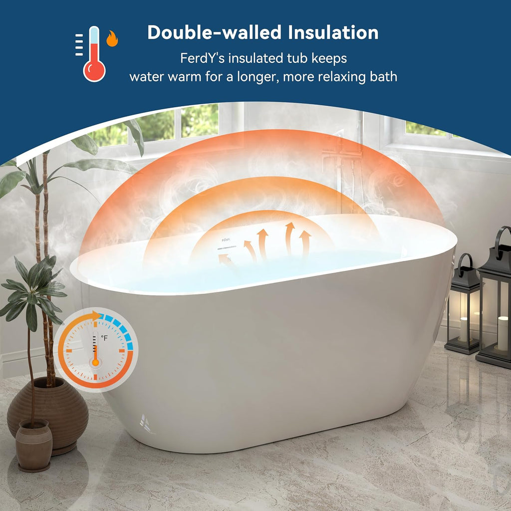 FerdY Nauru 59' Freestanding Bathtub,Gracefully Shaped Freestanding Soaking tub, Glossy White, cUPC Certified, Chrome Drain & Classic Slooted Overflow Assembly Included