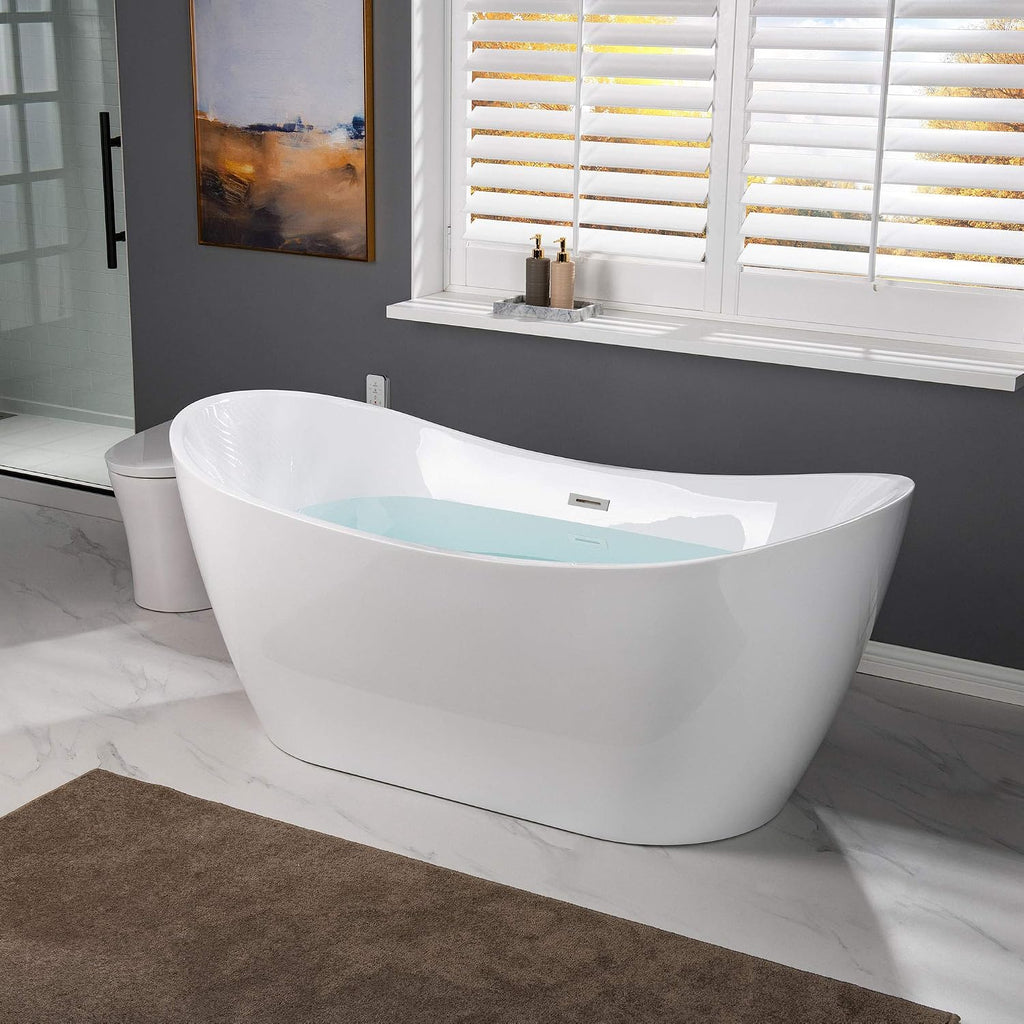 WOODBRIDGE 67' Acrylic Freestanding Bathtub Contemporary Soaking Tub, White Acrylic (Brushed Nickel Drain/Overflow) with Pillow