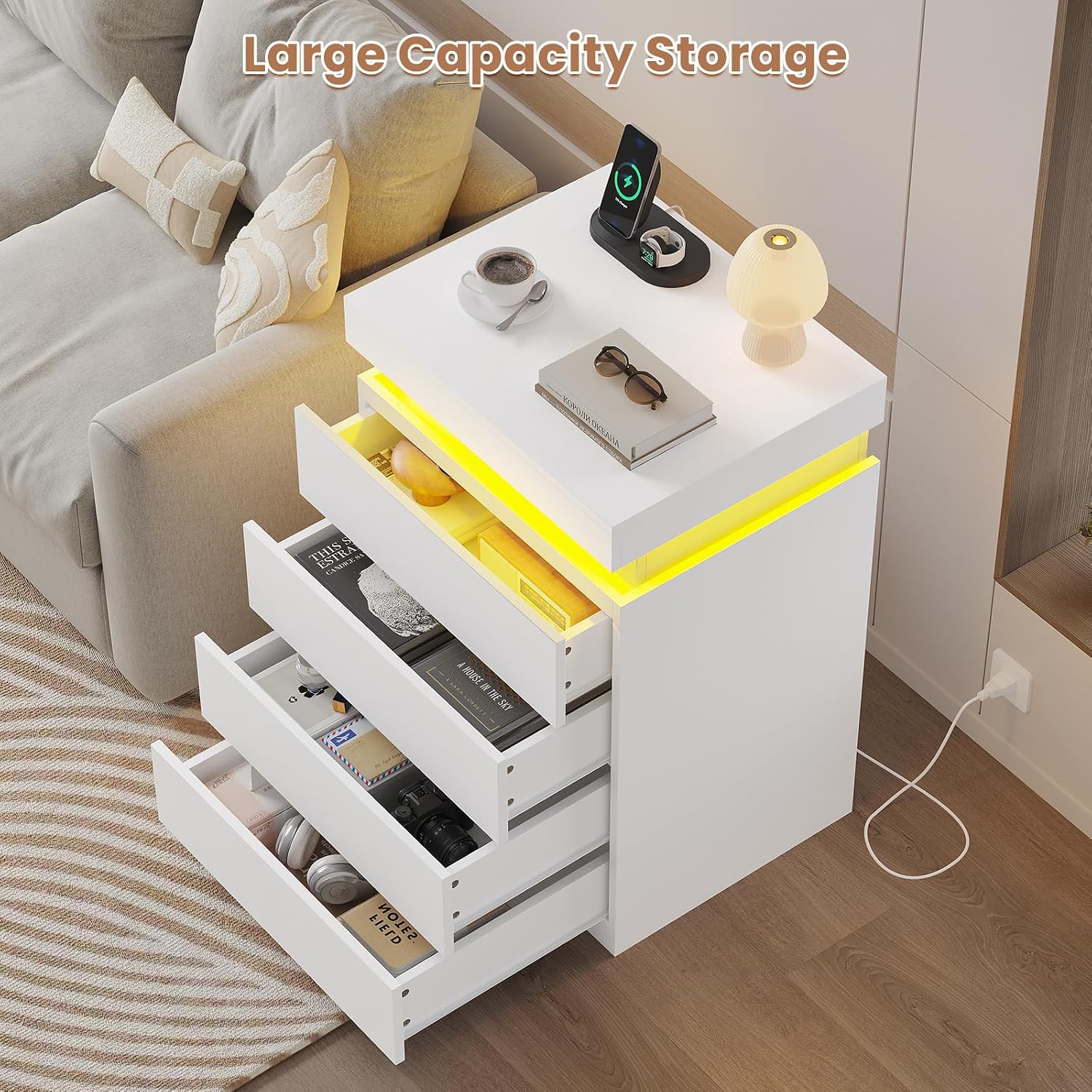 ADORNEVE White Night Stand Set of 2,Nightstand with Charging Station & LED Light & Sliding Top,Bedside Table with Drawers,Modern Bed Side Tables Bedroom