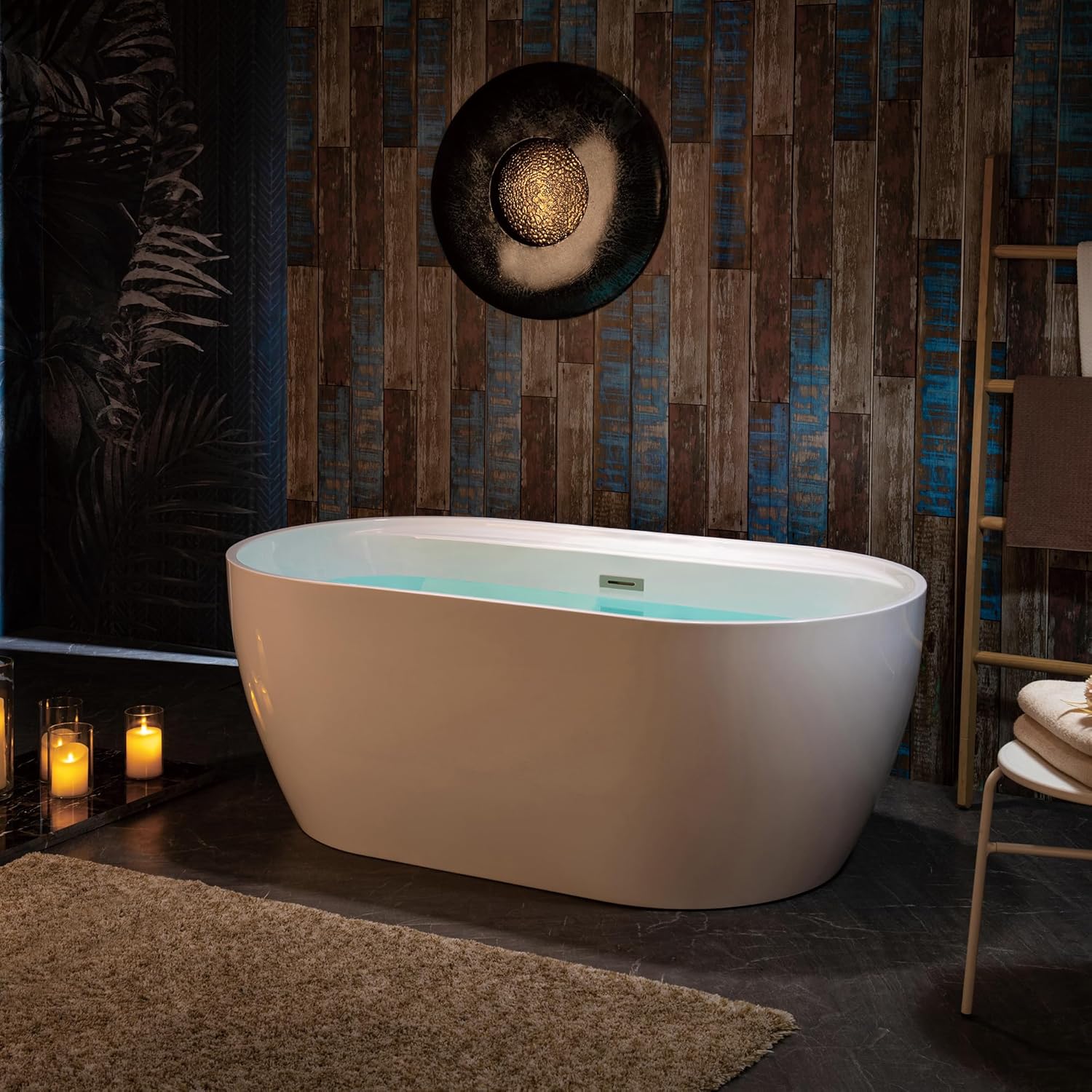 WOODBRIDGE 59' Acrylic Freestanding Bathtub Contemporary Soaking White Tub with Brushed Nickel Overflow and Drain,B0064-B/N