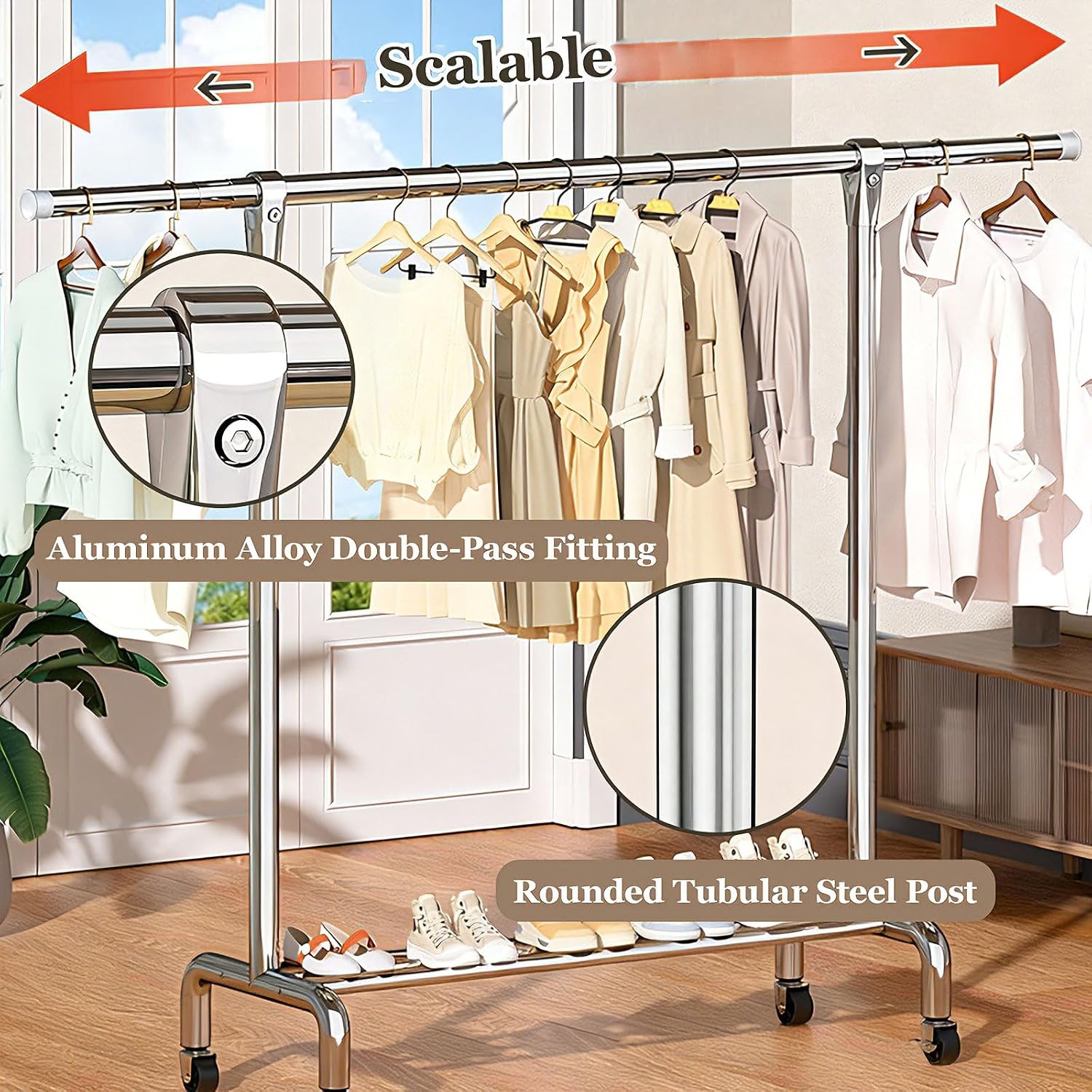 Garment Rack with Wheels, Adjustable Chrome Clothes Rack for Hanging Clothes, Portable Rolling Clothing Rack with Lockable Casters forBedroom,Silver,16.5x78.7x42in