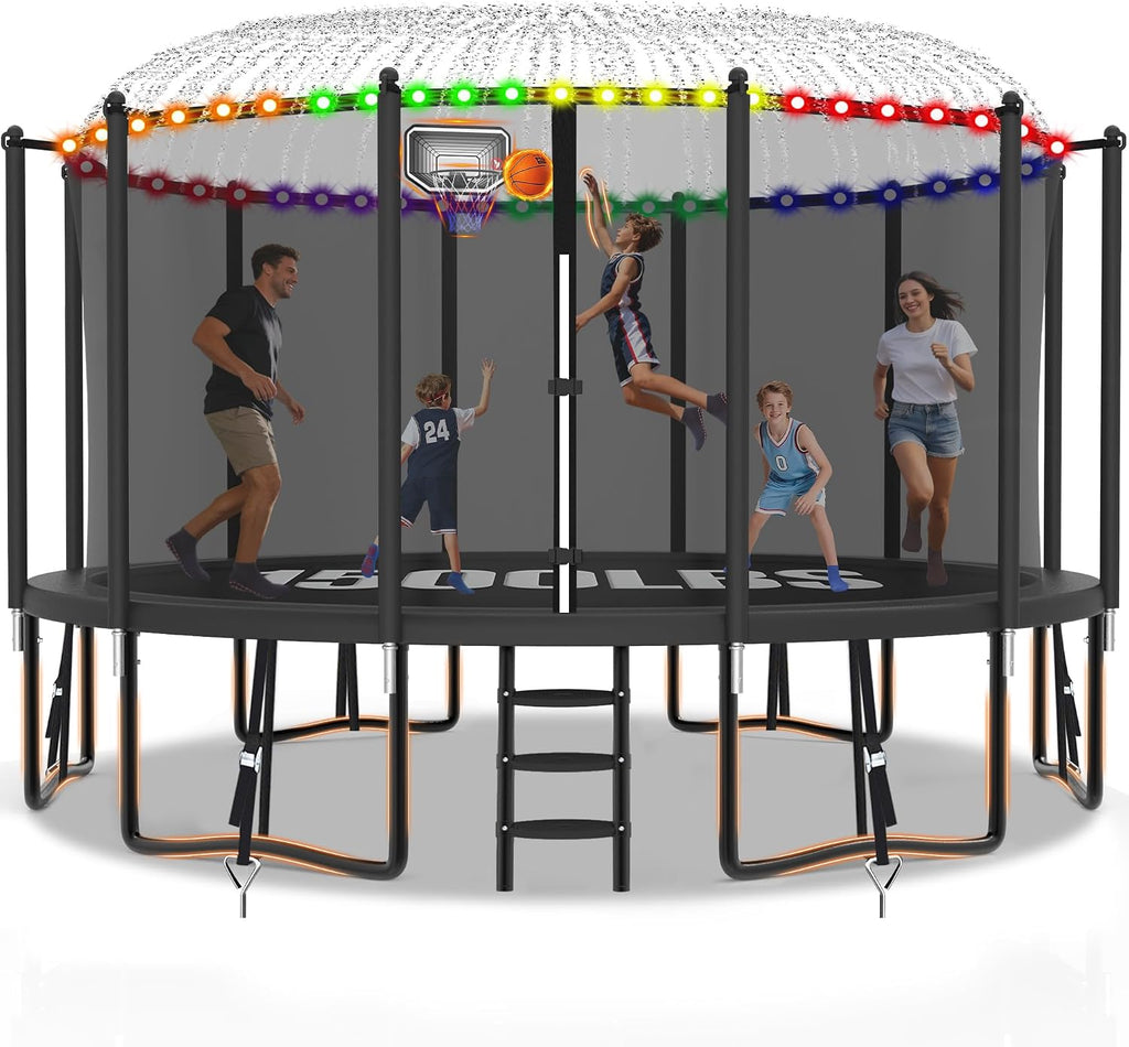 Exal Trampoline Outdoor with Basketball Hoop and Enclosure Net, 1500LBS Backyard Heavy Duty Trampoline ASTM CPC Certified Kids Trampoline, Light, Sprinkler, Socks, No-Gap Pad, Wind Stakes Included