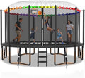 Exal Trampoline Outdoor with Basketball Hoop and Enclosure Net, 1500LBS Backyard Heavy Duty Trampoline ASTM CPC Certified Kids Trampoline, Light, Sprinkler, Socks, No-Gap Pad, Wind Stakes Included