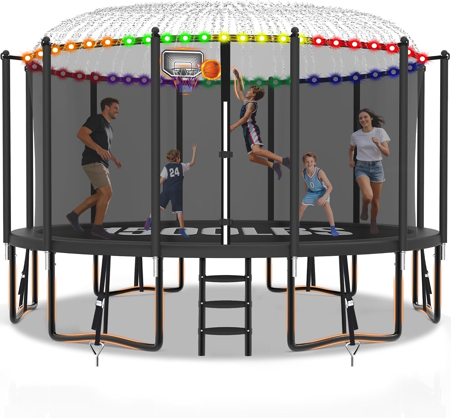 Exal Trampoline Outdoor with Basketball Hoop and Enclosure Net, 1500LBS Backyard Heavy Duty Trampoline ASTM CPC Certified Kids Trampoline, Light, Sprinkler, Socks, No-Gap Pad, Wind Stakes Included