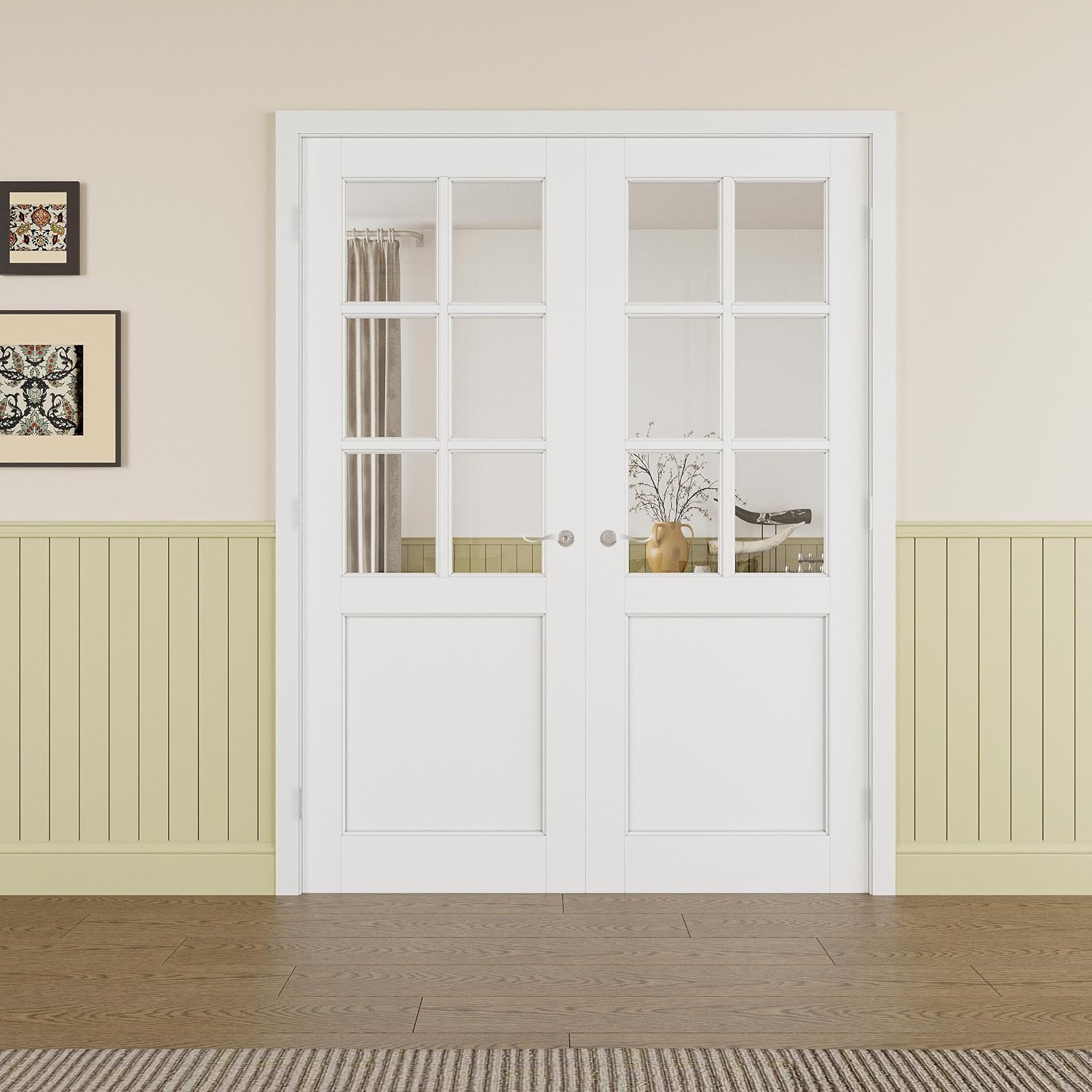 Prehung French Door 72'x80' (2x36 in), 6-Lite Tempered Clear Glass Door Slabs with Jamb, Silver Hinges, 4 Levers & Latch, Solid Core Interior Door, Pre-Finished & Paintable, MDF Double Doors Interior