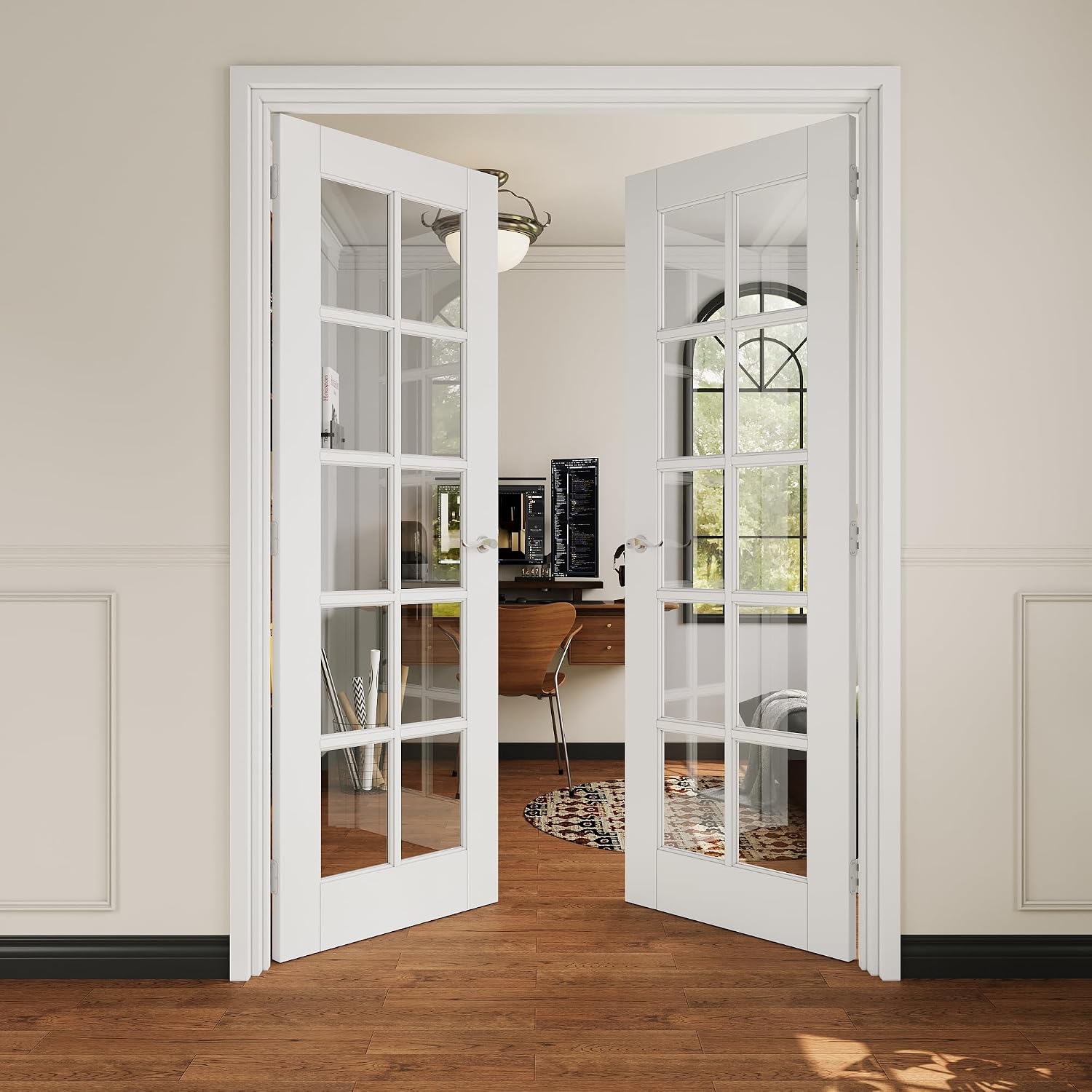 French Door 56' x 80' (Double 28' x 80') 10-Lite Clear Glass Door Slabs with Pre-Hung Jamb, Silver Hinges, Levers and Latch, White Primed, French Interior Doors with Frame, Swing Double Bedroom Doors