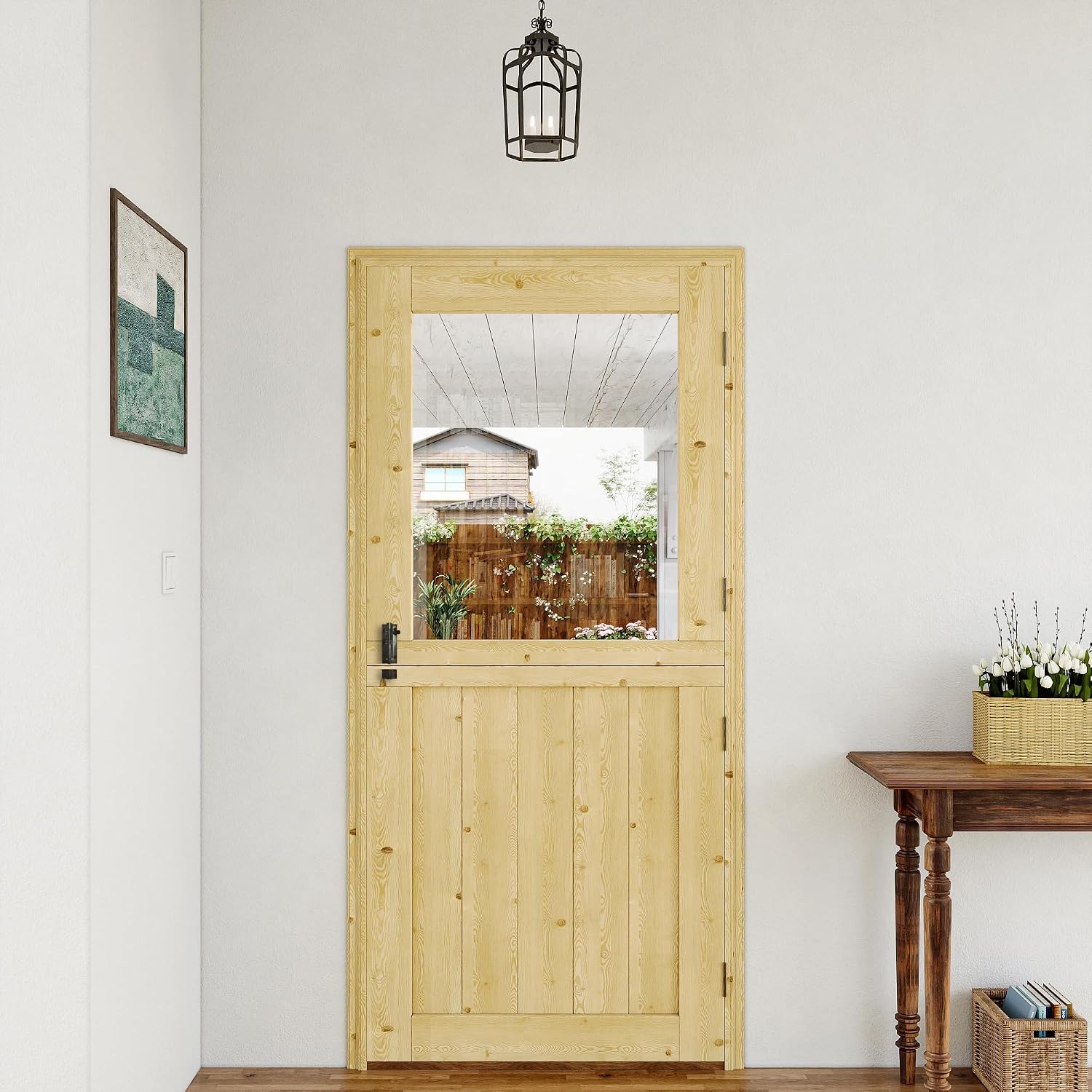 32' x 80' Exterior Prehung Dutch Door, Universal 1 Lite Tempered Clear Glass Split Single Doors, Solid Core Home Entry Door, Natural Pine Wood - with 4 Hinges & 1 Latch & Jamb, Jamb Assembly Needed