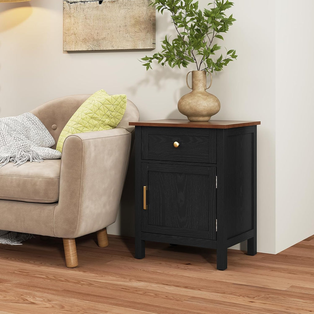 ARTPOWER Nightstand Set of 2, Wood Bedside Table with Drawers, Farmhouse Modern End Table with Cabinet Storage, Night Stands for Bedroom, Black