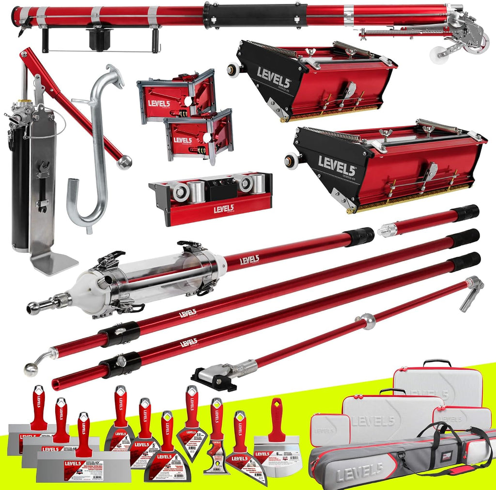 Full Drywall Taping and Finishing Set - LEVEL5 | Automatic Taper, 10'/12' Flat Boxes, 3'/3.5' Angle Heads, MiniShot, Corner Roller, Standard Handles, Pump, Gooseneck | 4-680