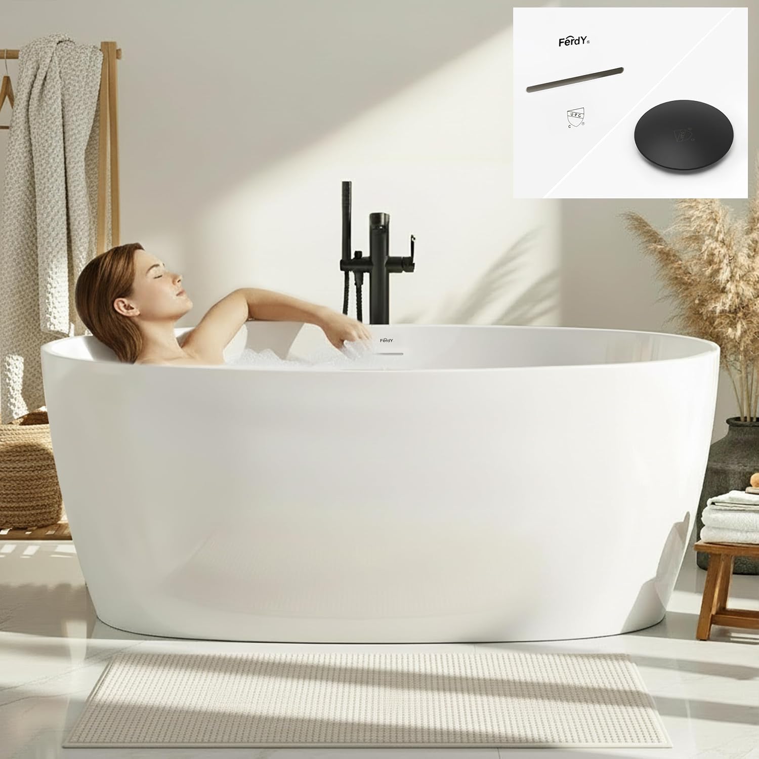 FerdY 59' Acrylic Freestanding Bathtub, Contemporary Soaking tub with Matte Black Drain & Overflow, cUPC Certified, Elegant Oval Shape, Tahiti