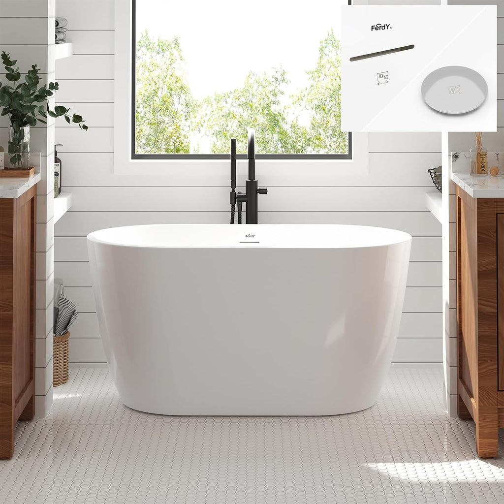 FerdY 47' Bali Acrylic Freestanding Bathtub, Gracefully Shaped Freestanding Soaking Bathtub, cUPC Certified, Toe-Tap Polished Chrome Drain and Minimalist Linear Design Overflow Included