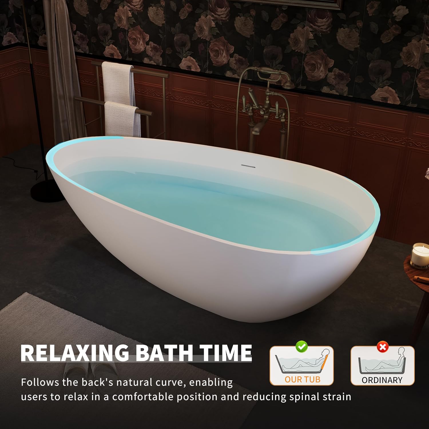 67' Freestanding Solid Bathtub, Luxury Engineered Stone Resin Freestanding Soaking Bathtub with Overflow and Pop up Drain for Bathroom, Matte White 24S02 67MW