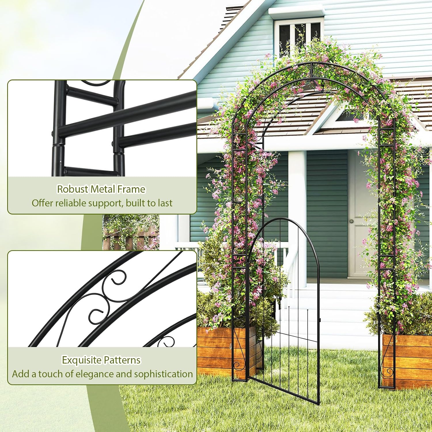 HAPPYGRILL 84' Garden Arbor with Gate & Climbing Trellises, Metal Garden Arch Archway for Outdoor Climbing Plant Rose Vine, Wedding Arch for Ceremony, Backyard Lawn Party Decor Patio Entrance