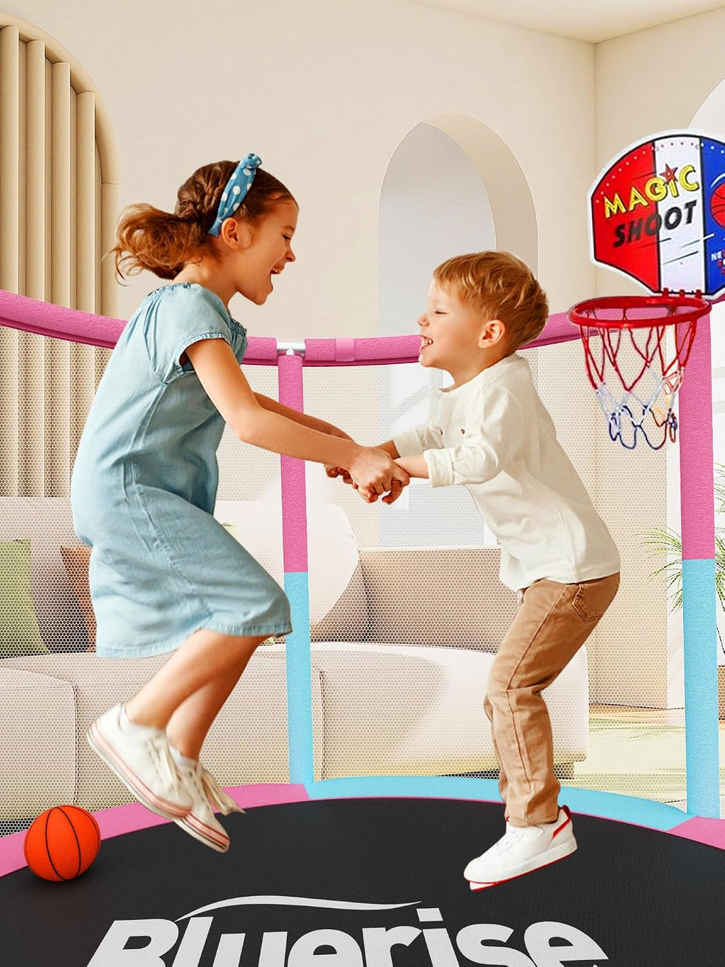 BLUERISE 60' Trampoline for Kids 5FT Toddler Trampolines Indoor/Outdoor with Adjustable Gymnastics Bar & Safety Net, No-Gap Design, Anti-Rollover Bottom, Basketball Hoop, Gifts for Boys & Girls
