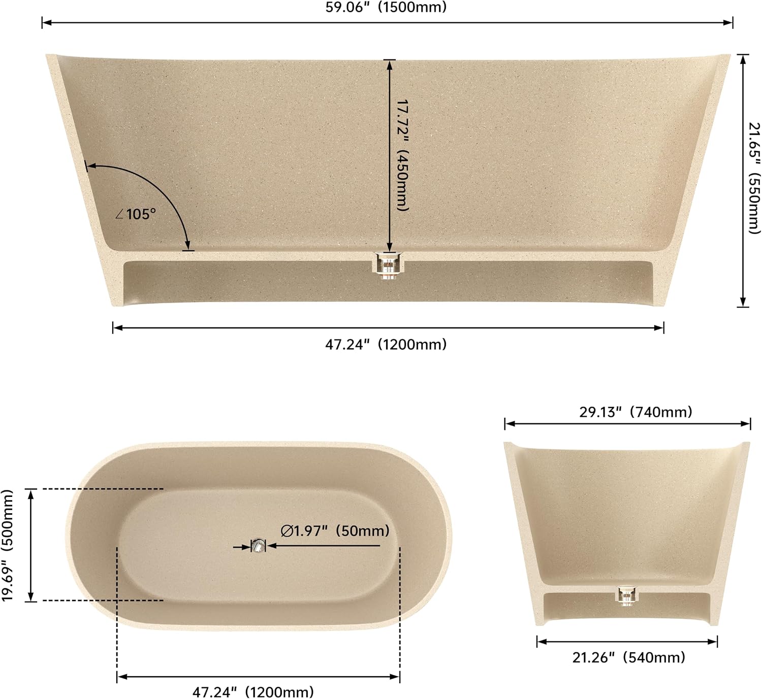 Terrazzo Free Standing Tub 59', Solid Surface Soaking Freestanding Bathtub, Stone Tub with Pop-up Drain