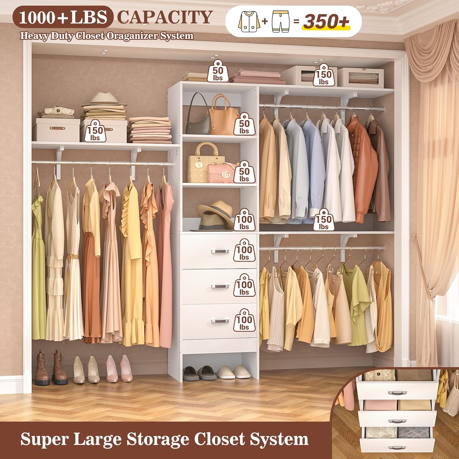Armocity 96' Wood Closet System with 3 Enclosed Drawers & 3 Solid Shelves, 8FT Adjustable Closet Organizers and Storage, Heavy Duty Modular Wardrobe for Reach-In & Walk-In, 1000 LBS Load, White