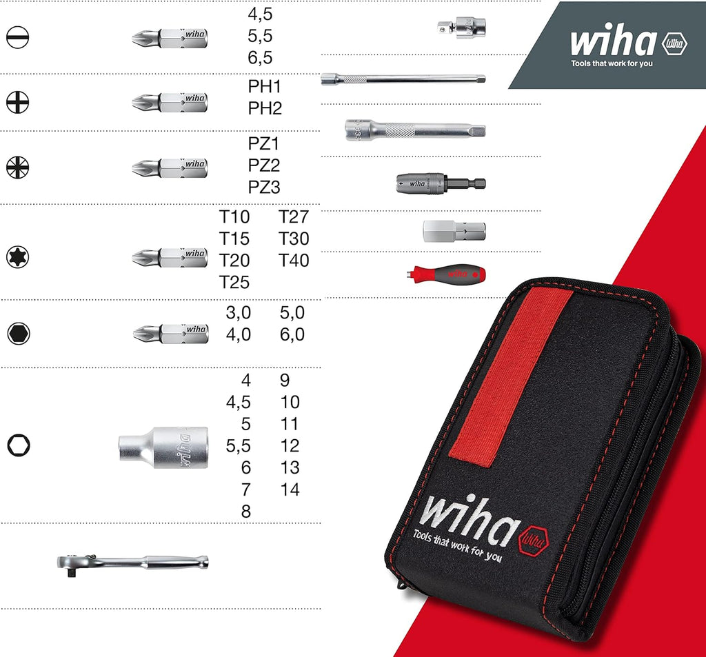 Wiha 333-94 Socket Set 40 pcs Metric 1/4 Drive, Red