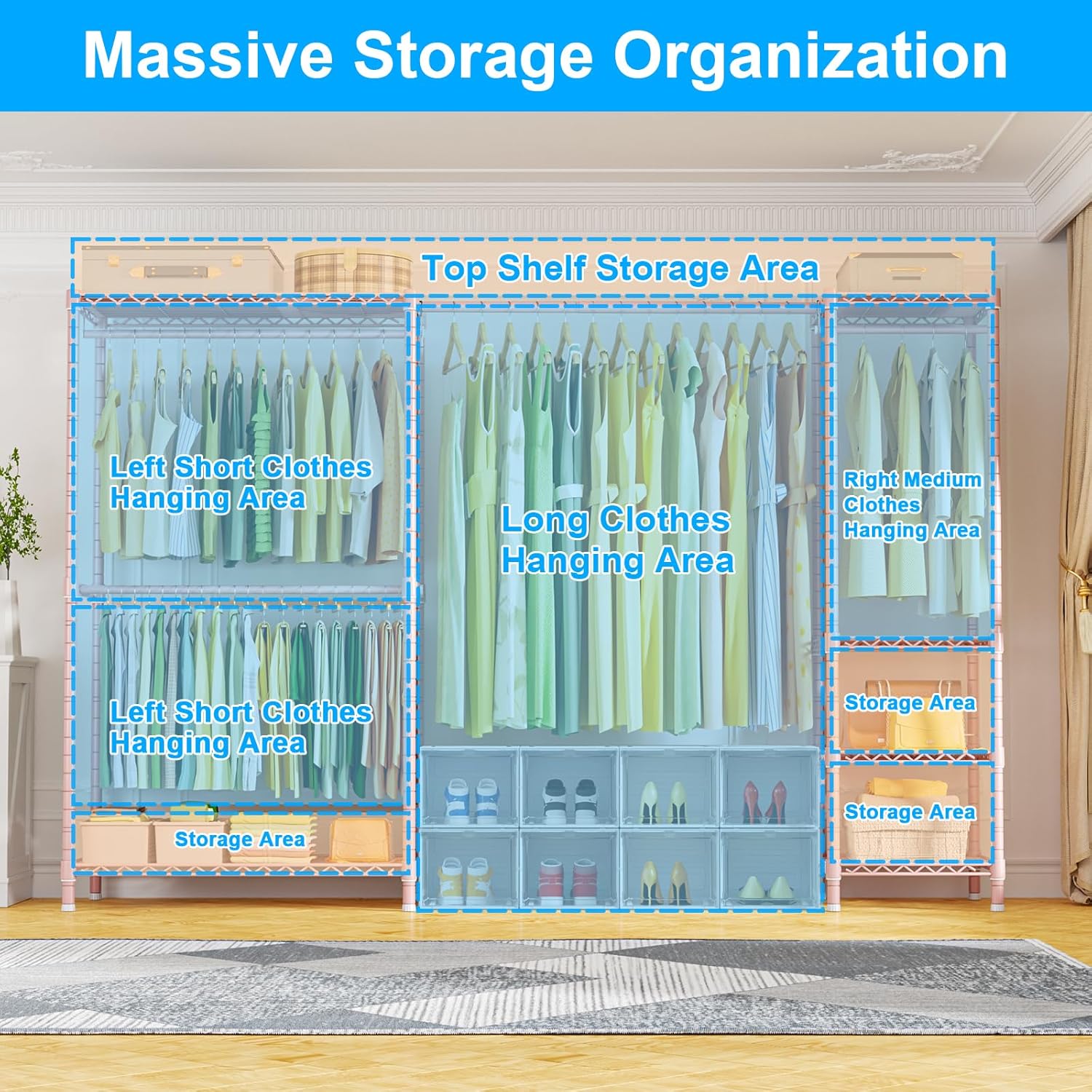 Ulif E10 (With Stretchable Hanger Rod) and E12C (With Black Dustproof Cover) Heavy Duty Closet Organizer System, Freestanding Clothing Rack for Hanging Clothes, Adjustable Garment Rack