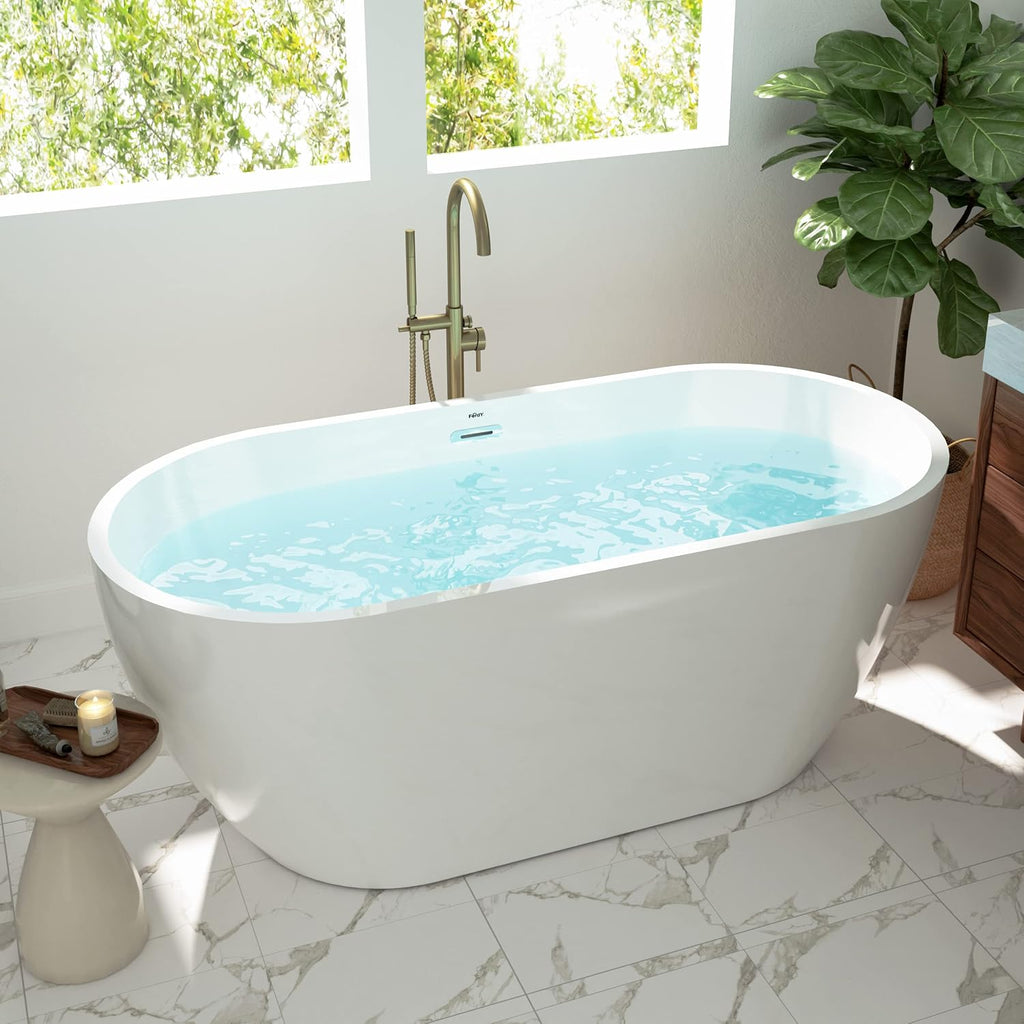 FerdY Nauru 59' Freestanding Bathtub,Gracefully Shaped Freestanding Soaking tub, Glossy White, cUPC Certified, Chrome Drain & Classic Slooted Overflow Assembly Included