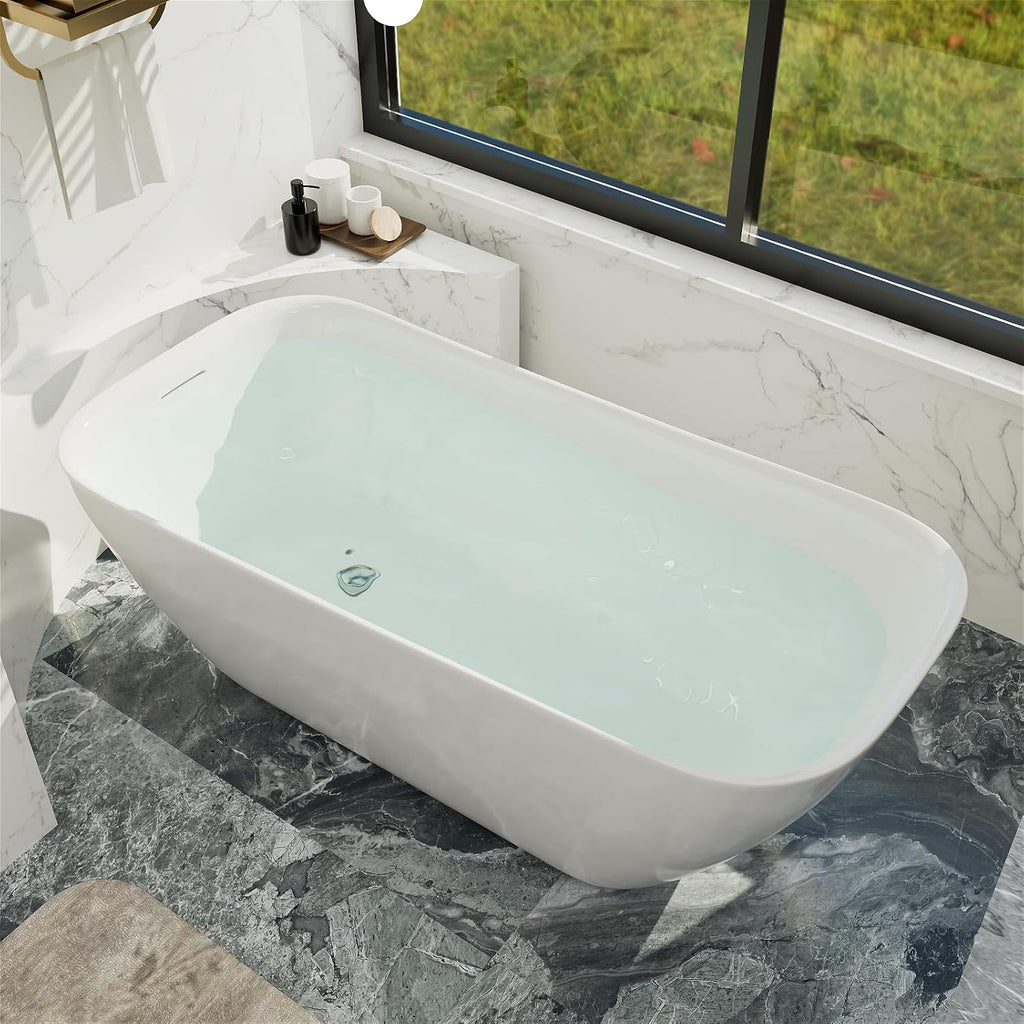 Acrylic Freestanding Bathtub, Single Slipper Free Standing Tub, Soaking Tub with Integrated Slotted Overflow, Toe-Tap Chrome Drain, cUPC Certified, Glossy White