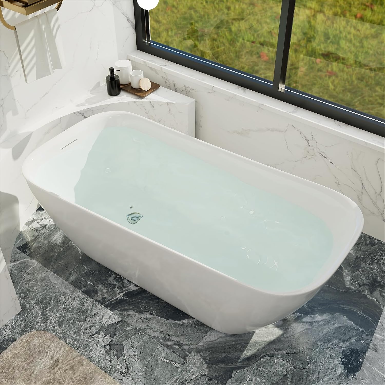Acrylic Freestanding Bathtub, Single Slipper Free Standing Tub, Soaking Tub with Integrated Slotted Overflow, Toe-Tap Chrome Drain, cUPC Certified, Glossy White