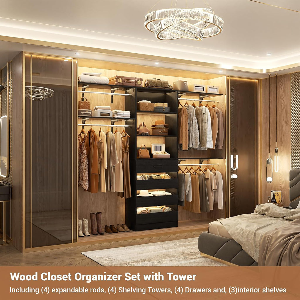 Aheaplus Closet System, 8FT Closet Organizer with 4 Wooden Drawers, Wood Closet Organizer System with Tower, Walk-in Closet Organizer Wardrobe Clothes Rack with 4 Hanging Rods, Garment Rack, Black
