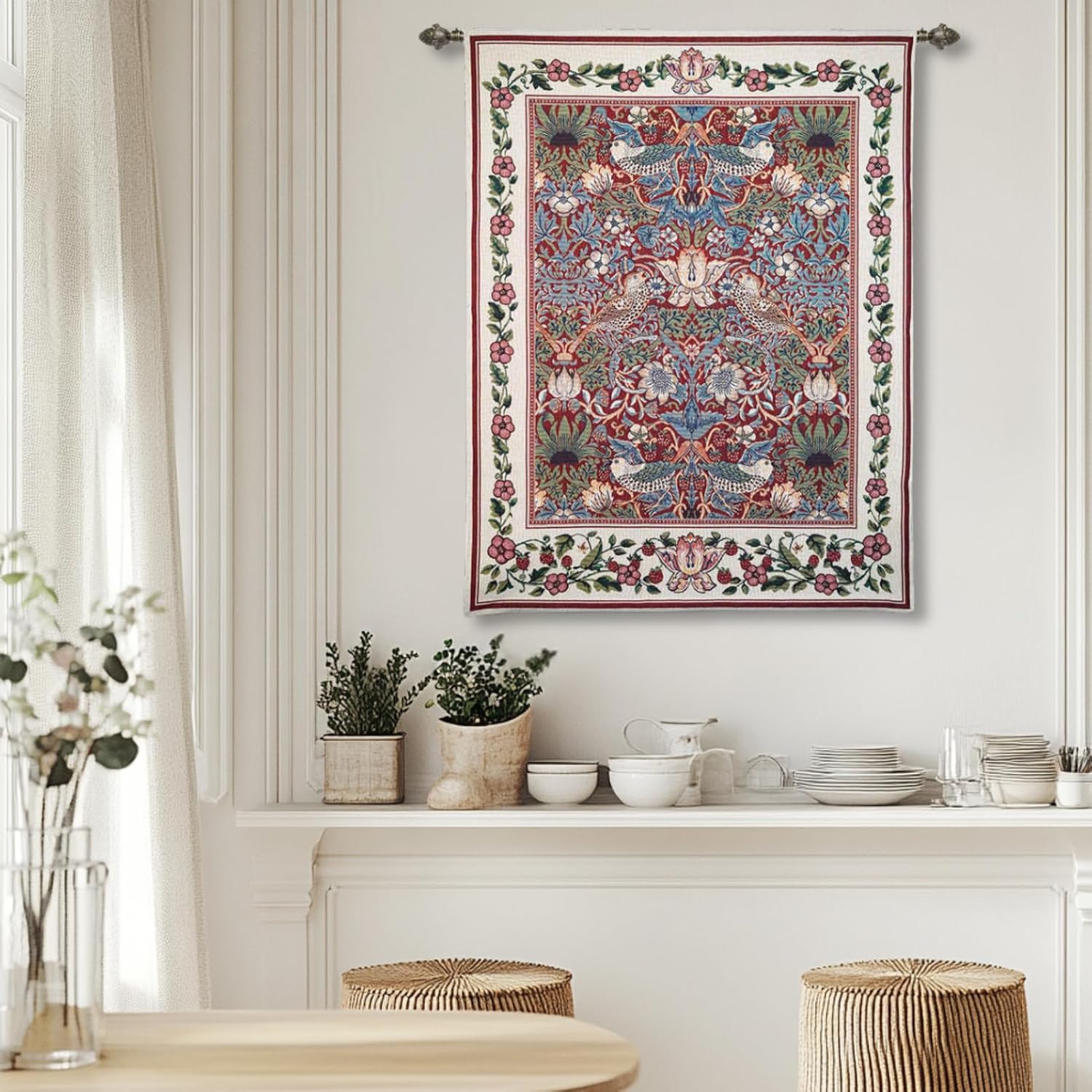 ORIMONY William Morris Strawberry Thief Tapestry - Vintage Floral Bird Art, Medieval Jacquard Woven Tapestry Wall Hanging for Living Room & Bedroom Size 27'x35' (Red)