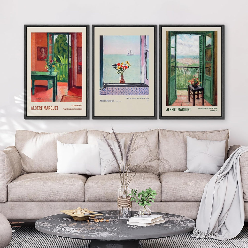 wall26 Framed Canvas Print Wall Art Set Albert Marquet Inspired Window Views Illustrations Modern Art Decorative Floral Botanical Minimal for Bedroom - 24'x36'x3 Black