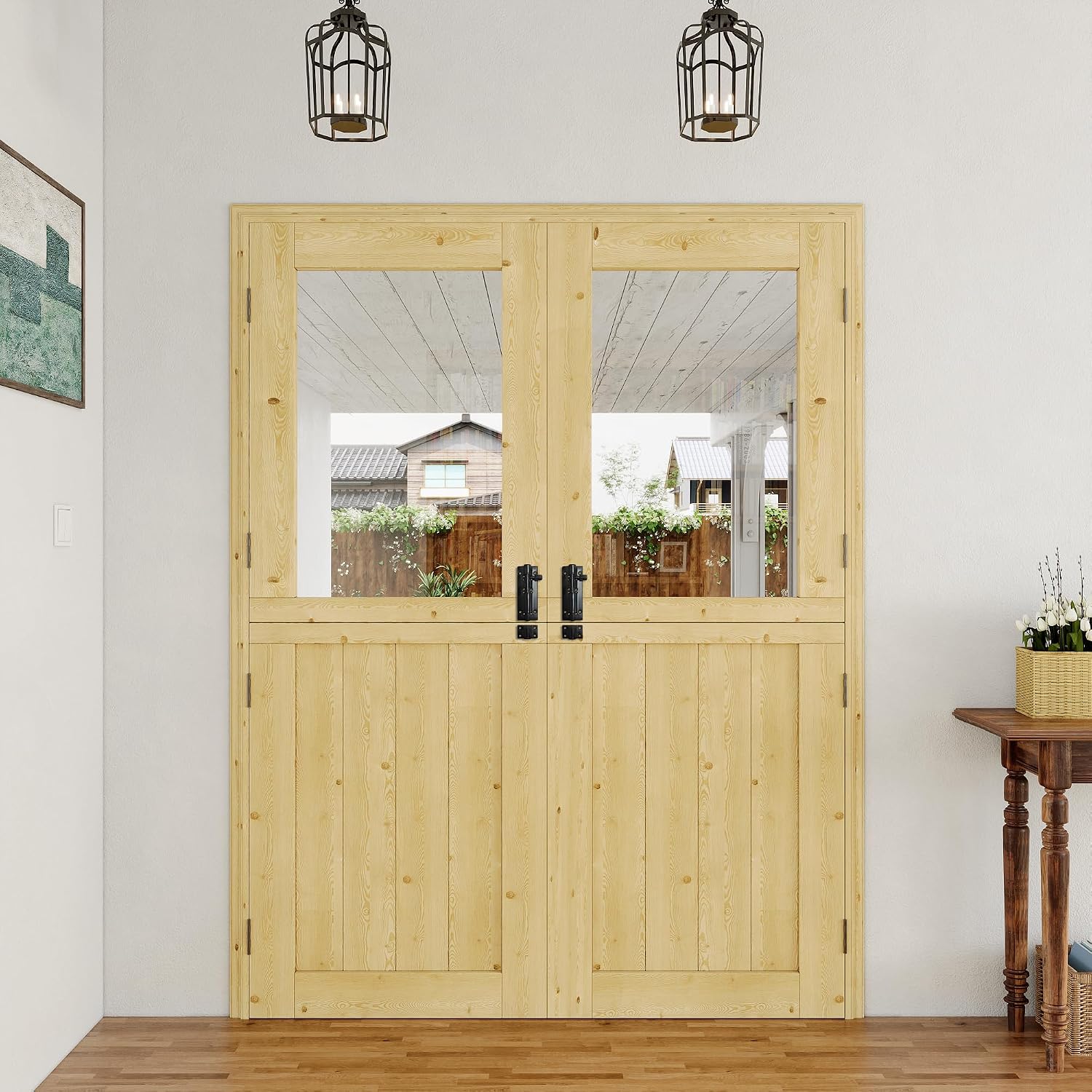 Exterior Dutch Door Slab, 60' x 80', Universal 1 Lite Panel Split Single Doors, Solid Core Home Door, Natural Pine Wood - with 8 Black Hinges & 2 Latch, Without Jamb