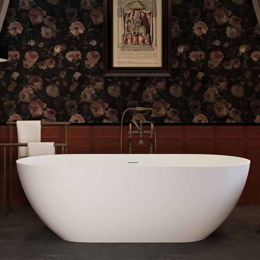 59' Freestanding Solid Bathtub, Luxury Engineered Stone Resin Freestanding Soaking Bathtub with Overflow and Pop up Drain for Bathroom, Matte White 24S03 59MW