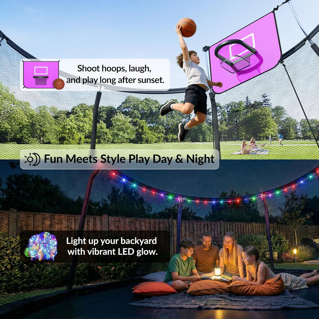 ACWARM HOME Trampoline Outdoor 8FT 10FT 12FT 14FT 15FT 16FT Trampoline with Basketball Hoop and LED Lights, Recreational Trampolines for Kids and Adults with Enclosure Net & Ladder, ASTM Approved