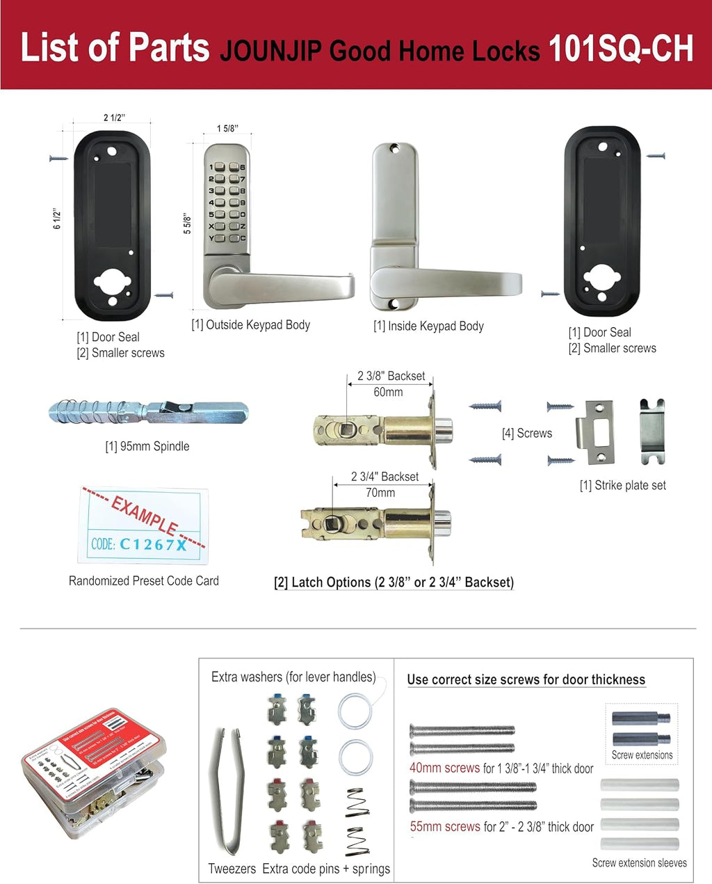 JOUNJIP Single-Sided Mechanical Keyless Combination Lever Handle Door Lock - [Square Spindle] Easier Install - Satin Chrome - 2024 Upgrade Version