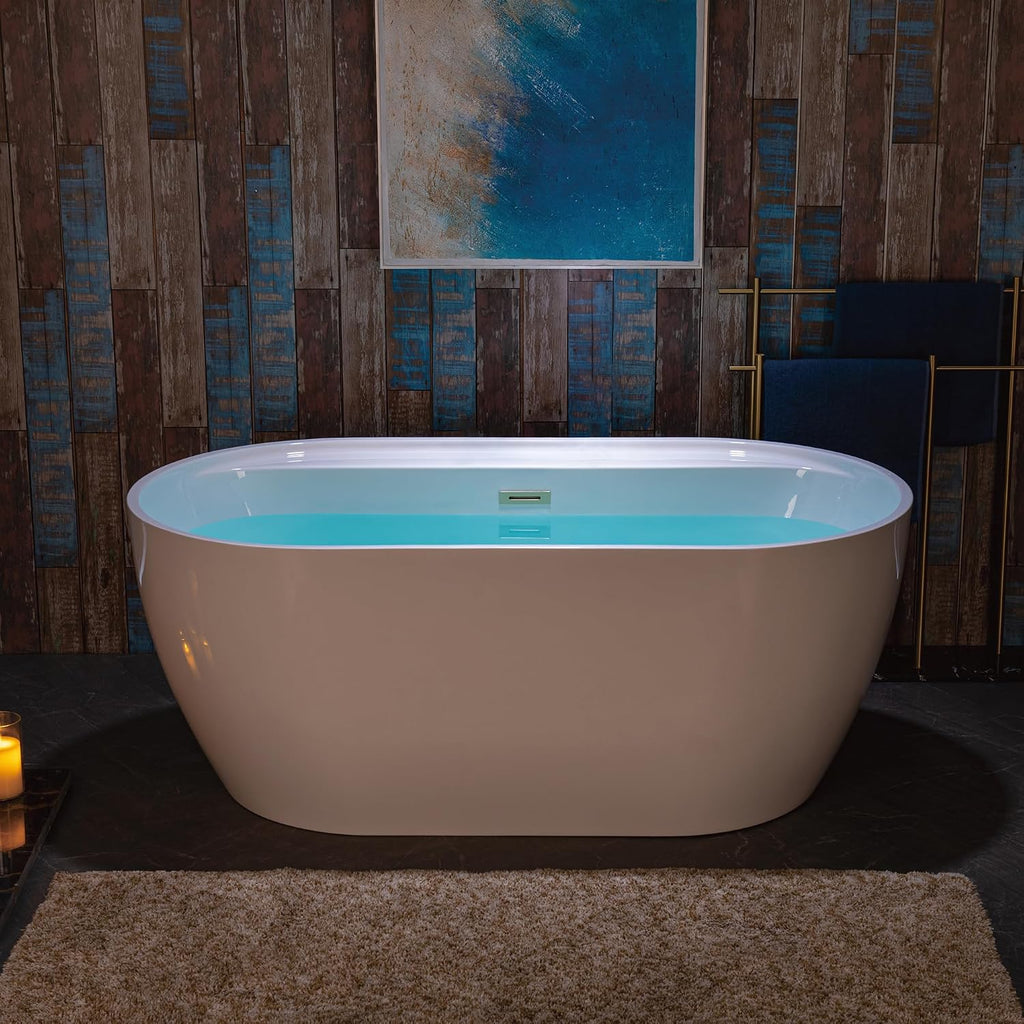 WOODBRIDGE 59' Acrylic Freestanding Bathtub Contemporary Soaking White Tub with Brushed Nickel Overflow and Drain,B0064-B/N