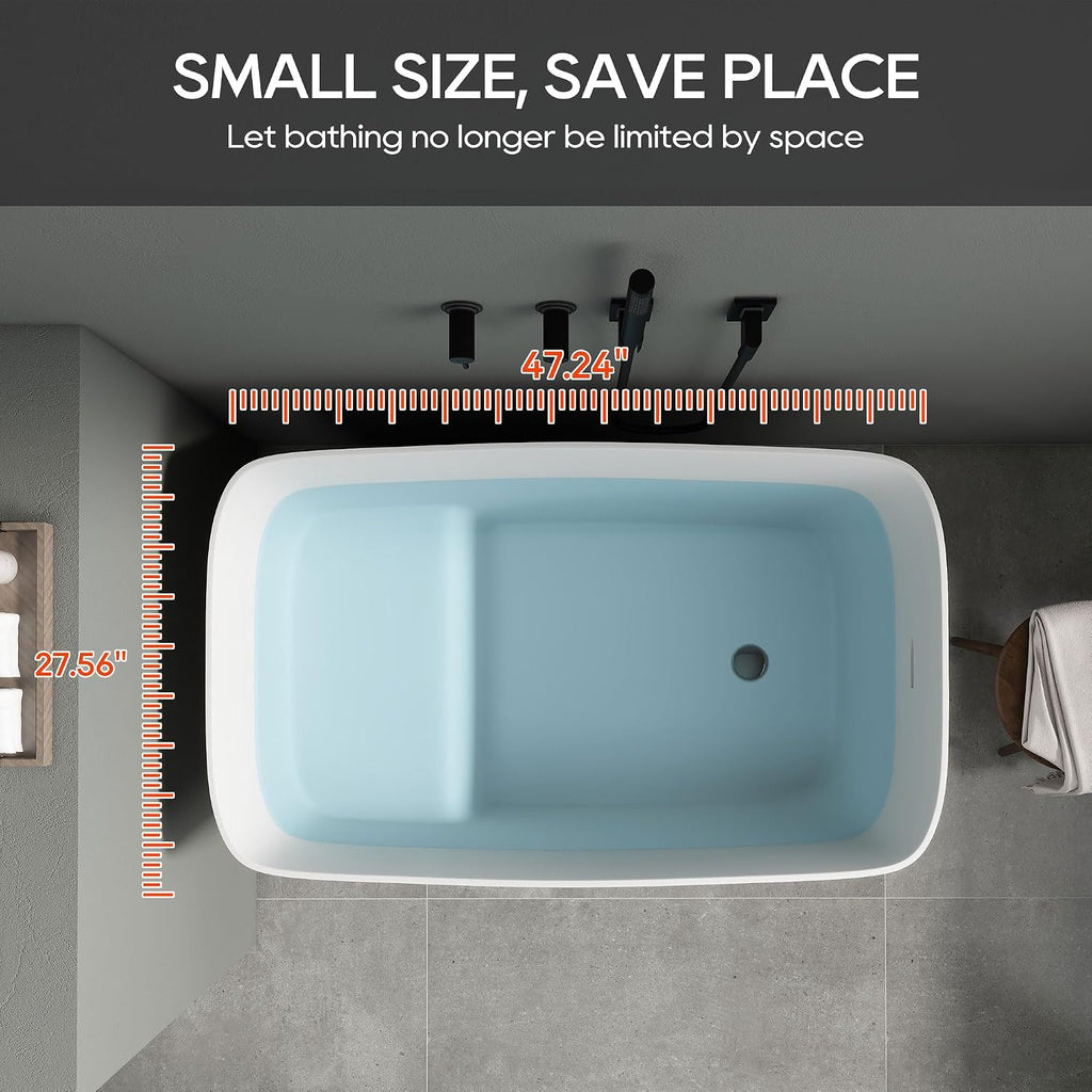SJ Star&Jane 47' Solid Surface Freestanding Bathtub Japanese Soaking Tub Stone Resin Stand Alone Bathtub Sit-In Design with Overflow and Drain