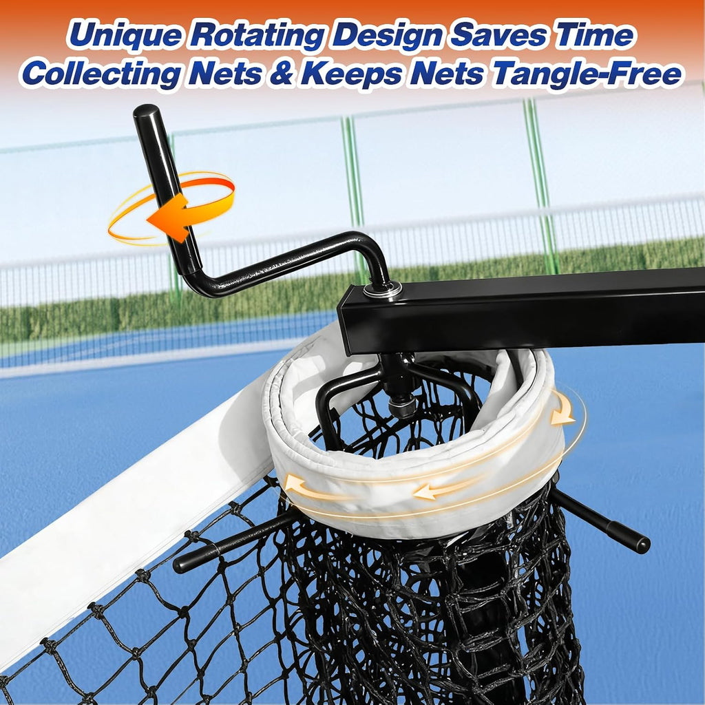Movable Sports Net Storage Rack with Lockable Wheels, Heavy-Duty Holder for Volleyball, Tennis, Pickleball, Badminton Nets, Space-Saving Support Rack with Swivel Handle & Dust Covers