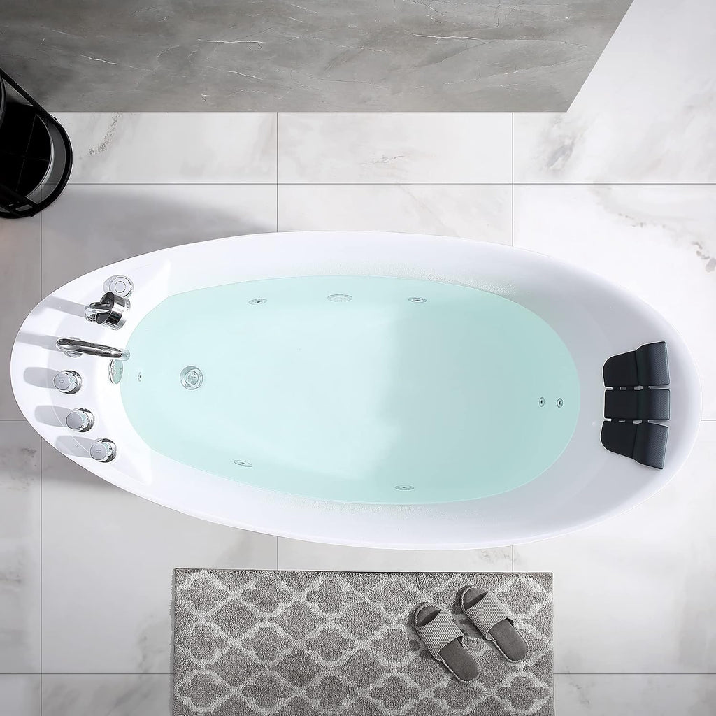 Empava 67 in. Acrylic Freestanding Tub Hydromassage Gracefully Oval Shaped Whirlpool 7 Water Jets Soaking SPA, Single-Ended Massage Bathtub with Pillow , White