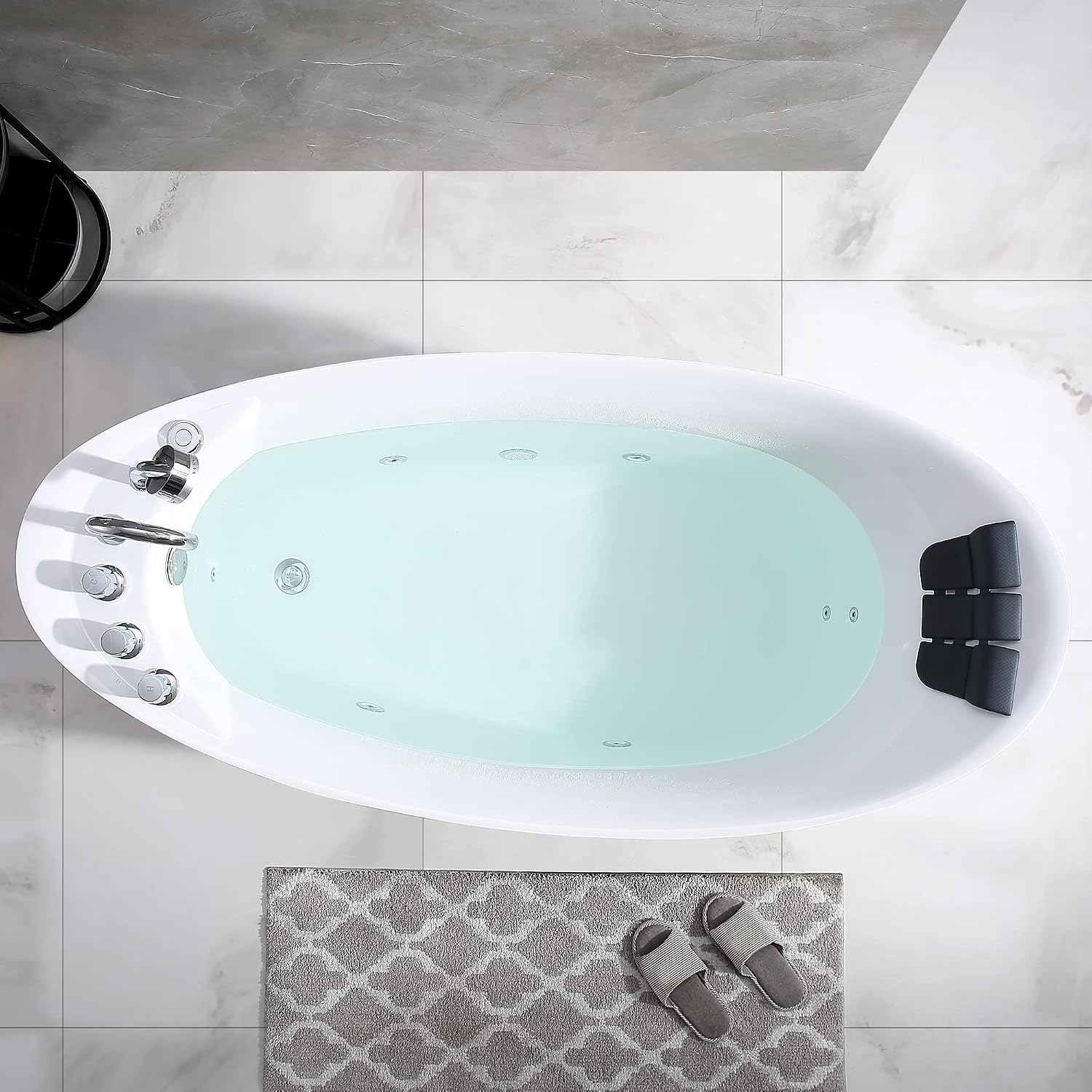 Empava 67 in. Acrylic Freestanding Tub Hydromassage Gracefully Oval Shaped Whirlpool 7 Water Jets Soaking SPA, Single-Ended Massage Bathtub with Pillow , White