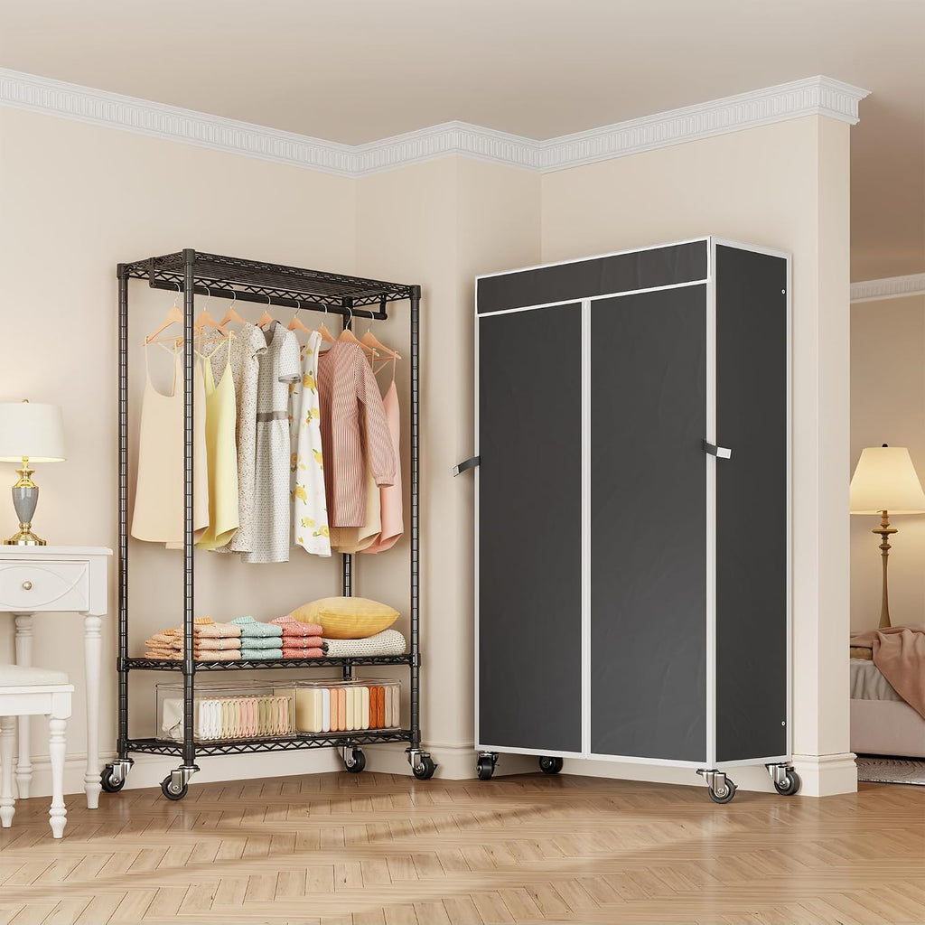 Higeego H4 Clothing Rack with Cover, Rolling Heavy Duty Clothes Rack, Garment Rack on Wheels, Portable Closet for Hanging Clothes, Black Clost Rack with Black Fabric Cover, Max Load 380LBS