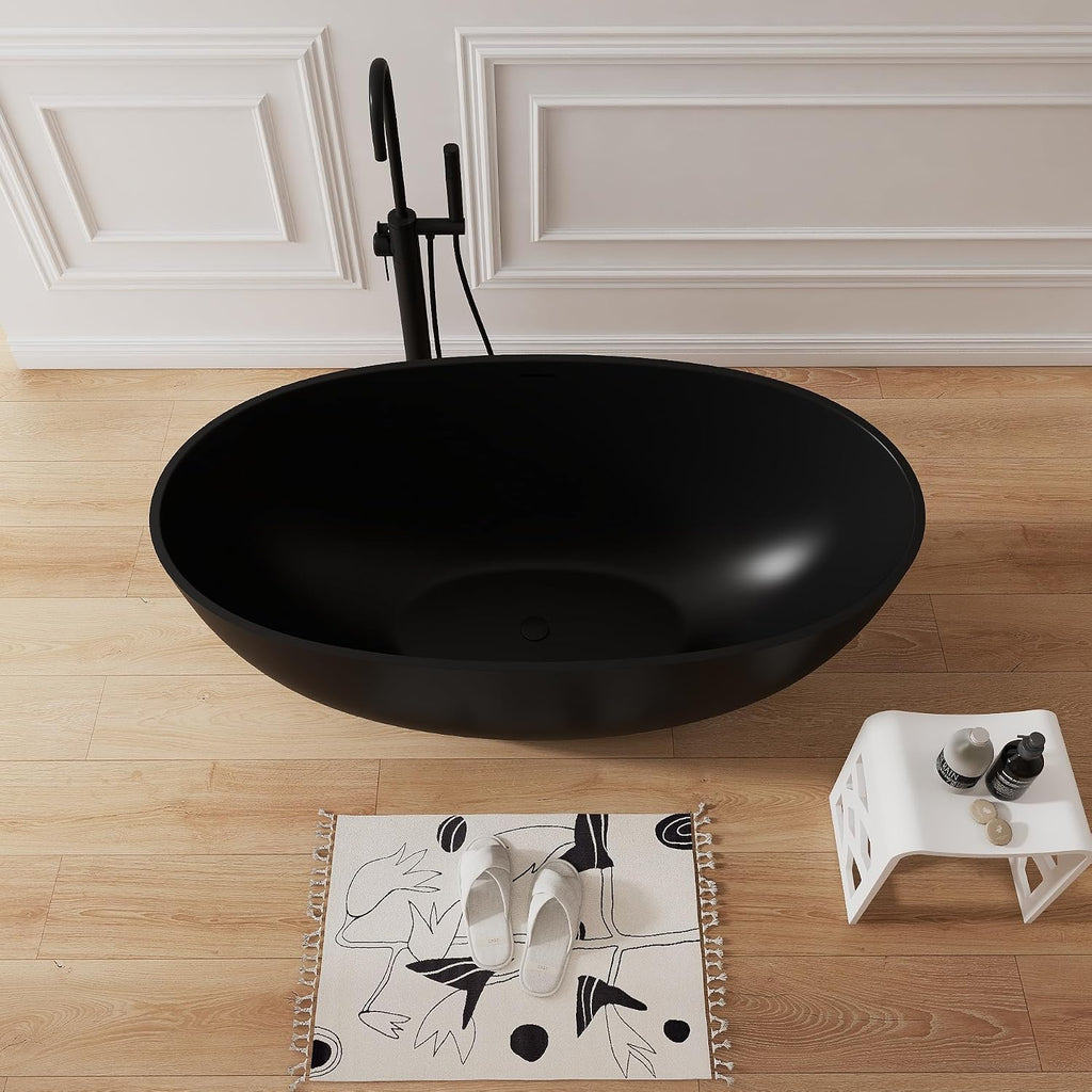 55' Premium Resin Stone Freestanding Bathtub, Matte Black Solid Surface Soaking Tub with Pop-up Drain and Overflow
