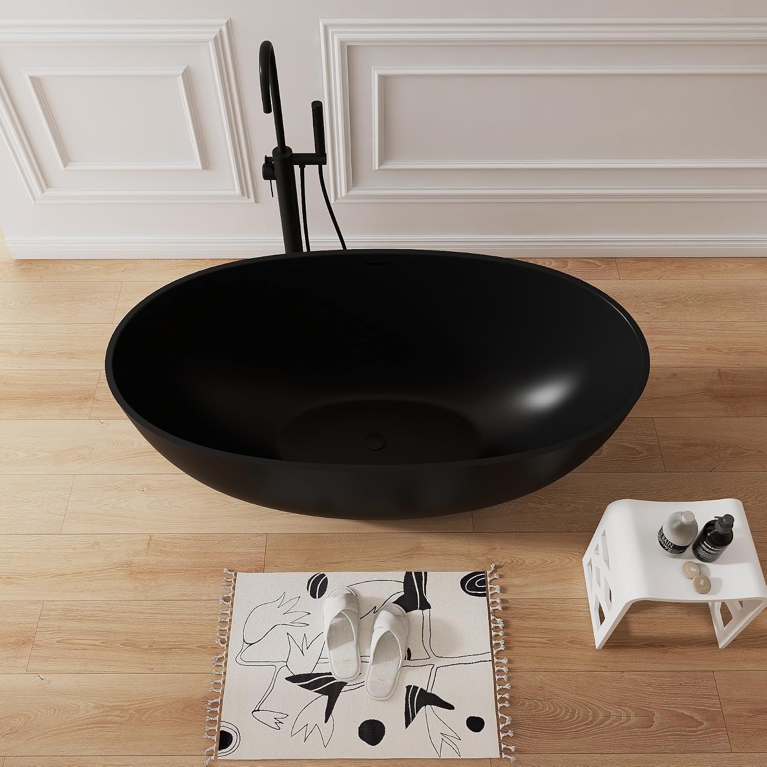 61' Premium Solid Surface Freestanding Soaking Bathtub,Oval Shape Stone Resin Tubs with Overflow and Pop-up Drain, Matte Black