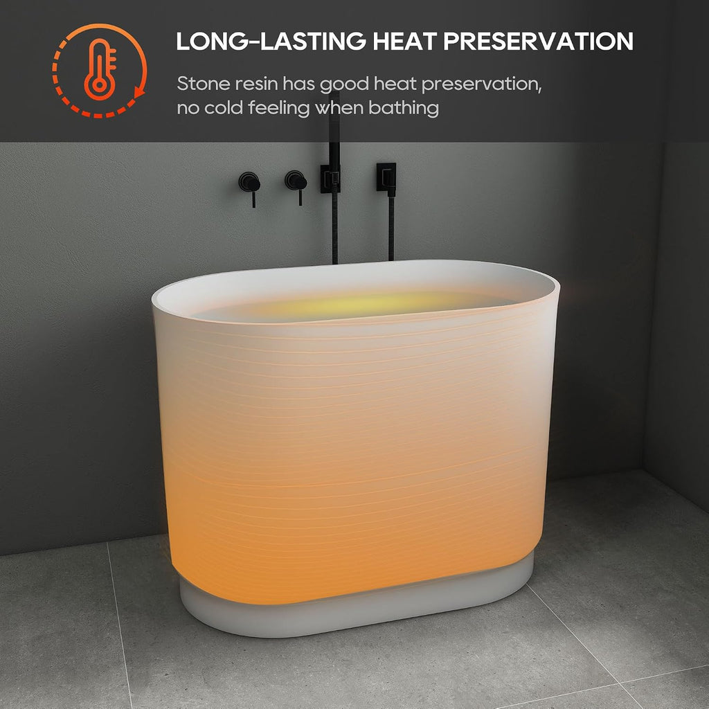 SJ Star&Jane 39' Solid Surface Japanese Soaking Bathtub Stone Resin Freestanding Tub Deep Soaking Bathtub Sit-In Design with Drain and Overflow