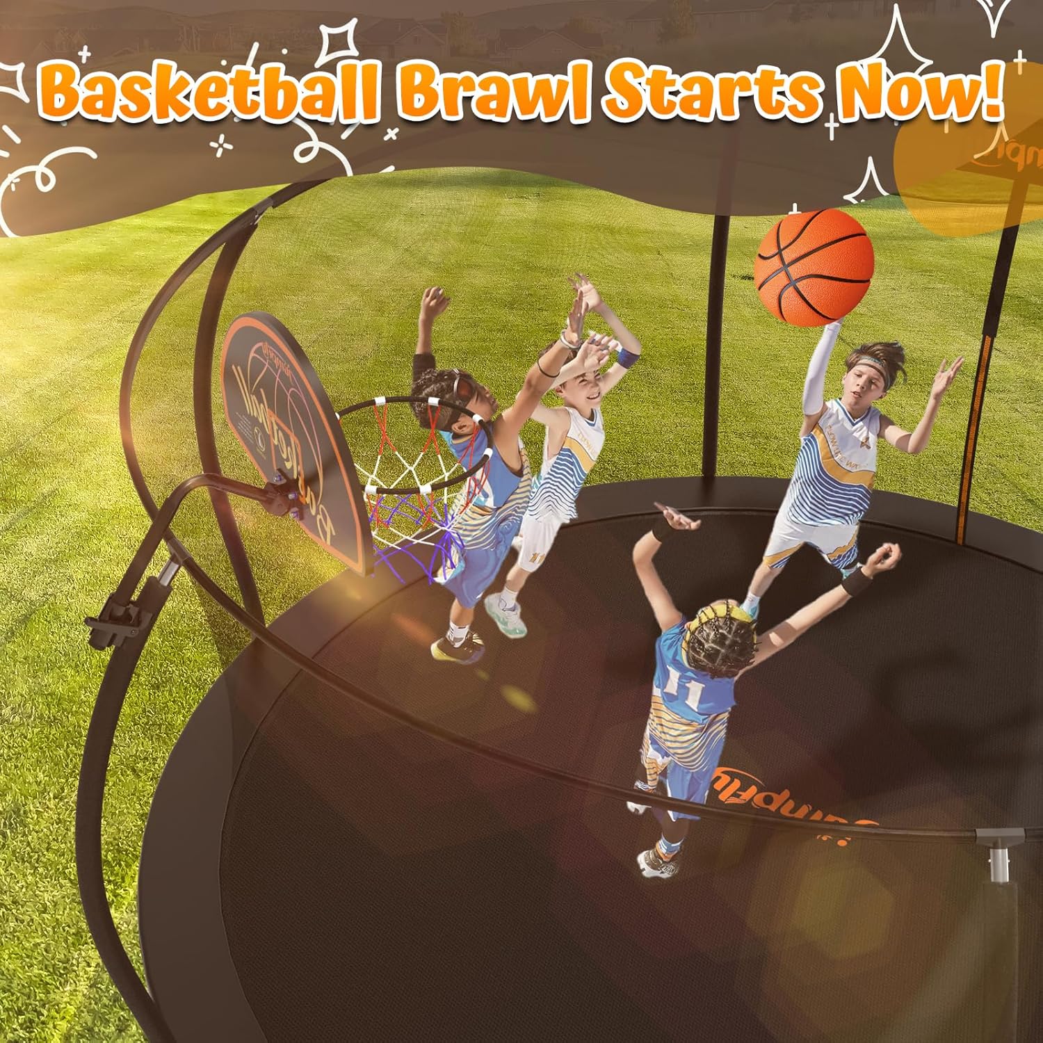 jumpfly Tranpoline 8/10/12/14/15/16FT Tranpoline Outdoor for Kids and Adults Recreational Tranpolines with Basketball Hoop, Anti-Rust Ladder, ASTM Approved