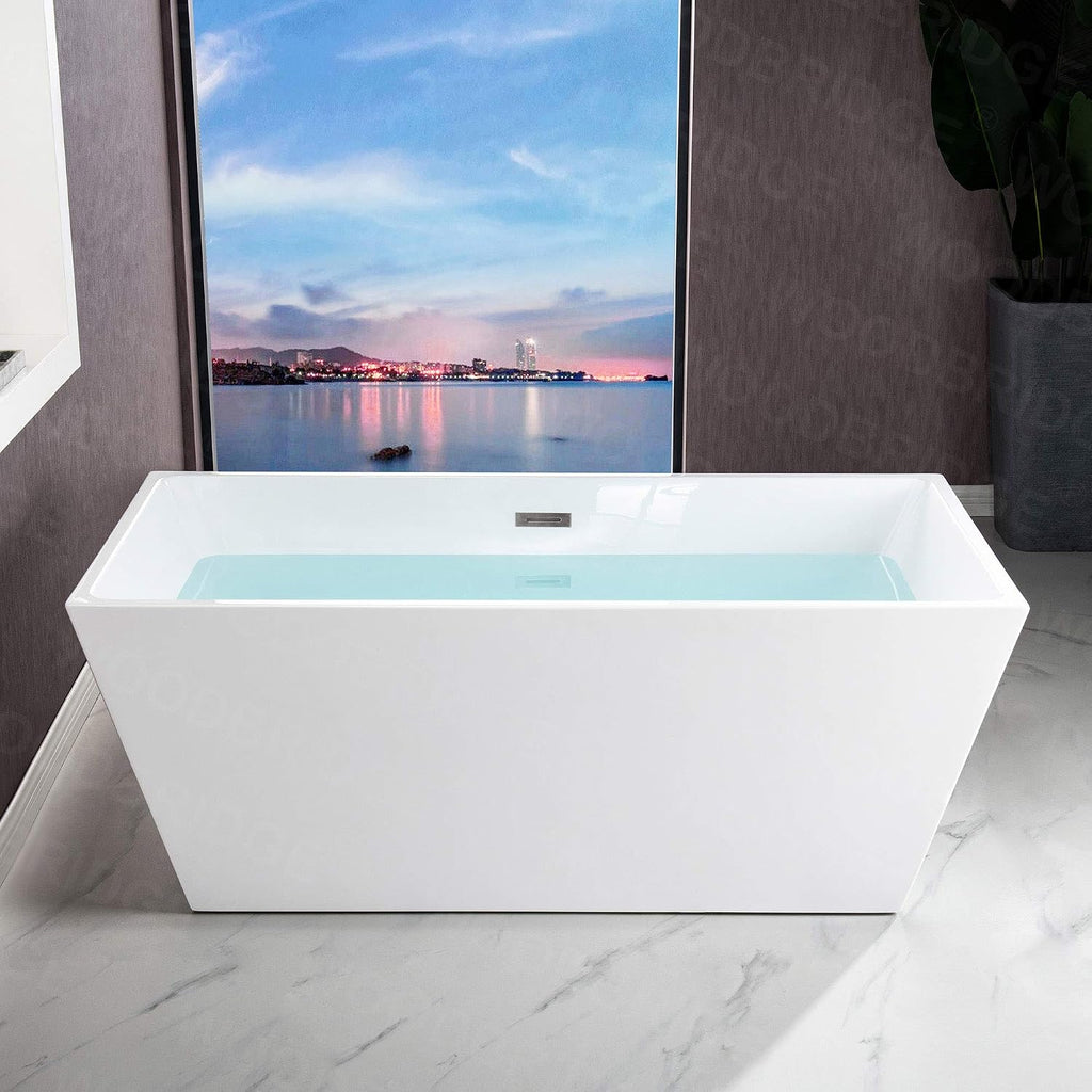 WOODBRIDGE 59' Acrylic Freestanding Bathtub Contemporary Soaking White Tub with Brushed Nickel Overflow and Drain，BTA1412-B/N-Drain&O