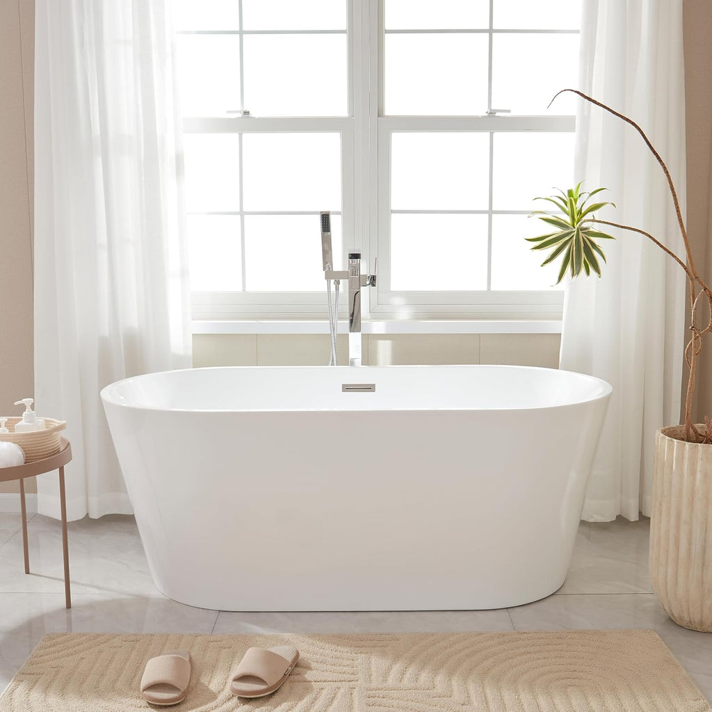 Vanity Art 59' Free Standing Tub Non-Slip Contemporary Design Freestanding Bathtub Soaking Tub with Overflow and Pop-up Drain, UPC Certified