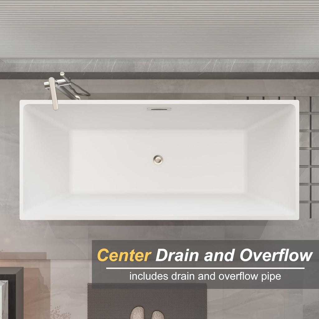 59 inch Black Freestanding Square Soaking Bathtub, Modern Stand Alone Free Standing Acrylic Tub with Center Chrome Drain & Overflow