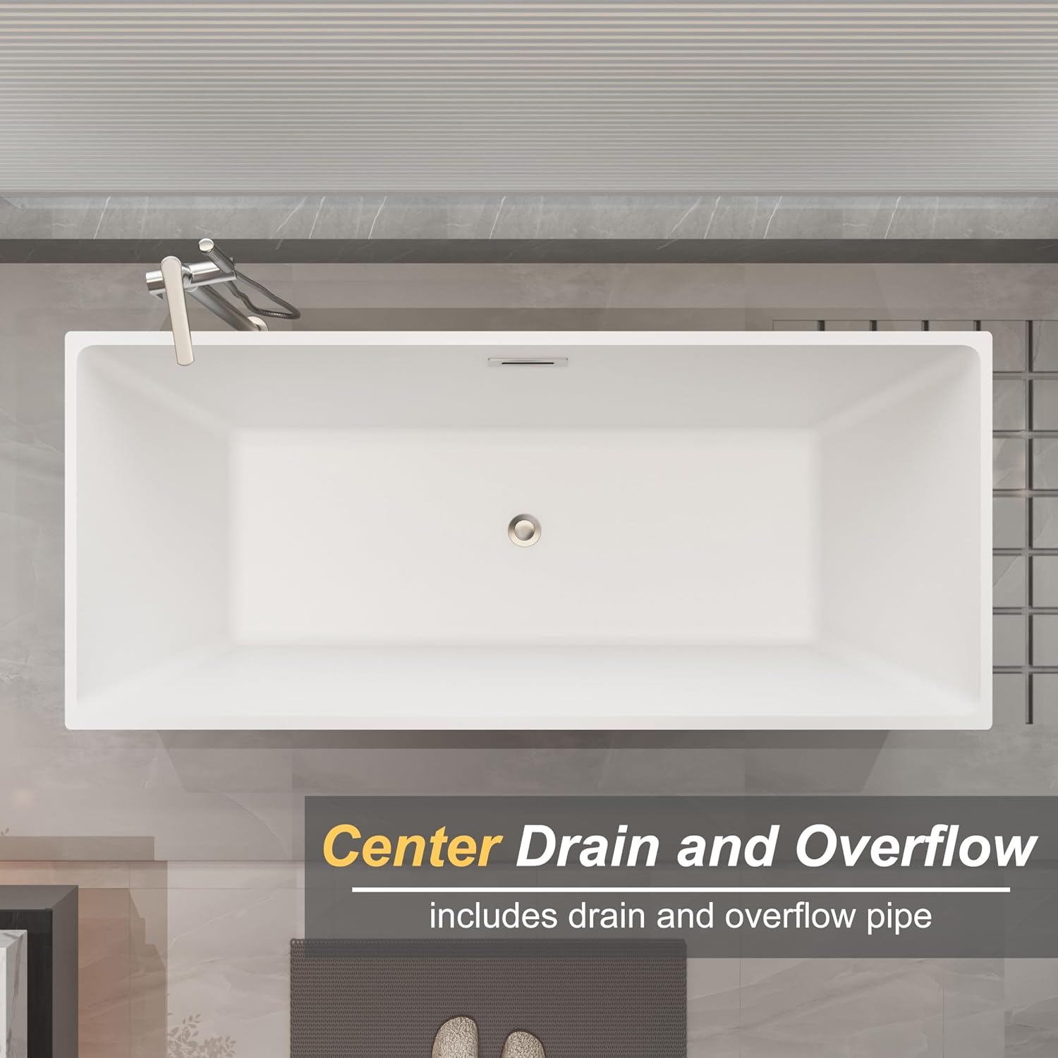 59 inch Black Freestanding Square Soaking Bathtub, Modern Stand Alone Free Standing Acrylic Tub with Center Chrome Drain & Overflow