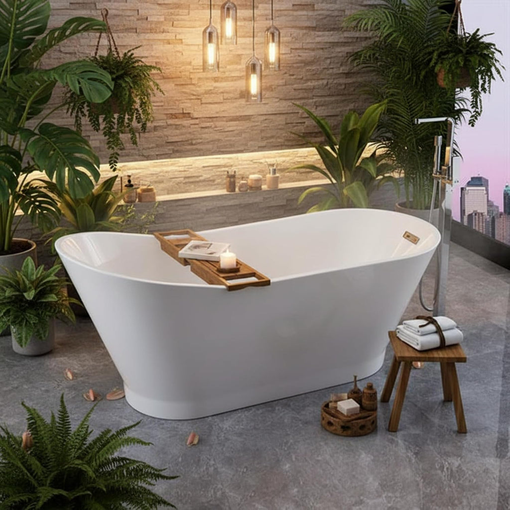 Melun 67' Freestanding Acrylic Bathtub with Chrome Drain, Glossy White Seamless Soaking Tub, Fiberglass Reinforced with Leveling Legs, 52 Gal Capacity