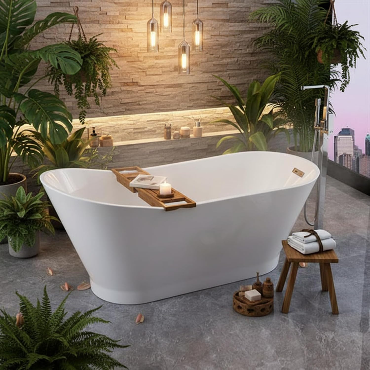 Melun 67' Freestanding Acrylic Bathtub with Chrome Drain, Glossy White Seamless Soaking Tub, Fiberglass Reinforced with Leveling Legs, 52 Gal Capacity