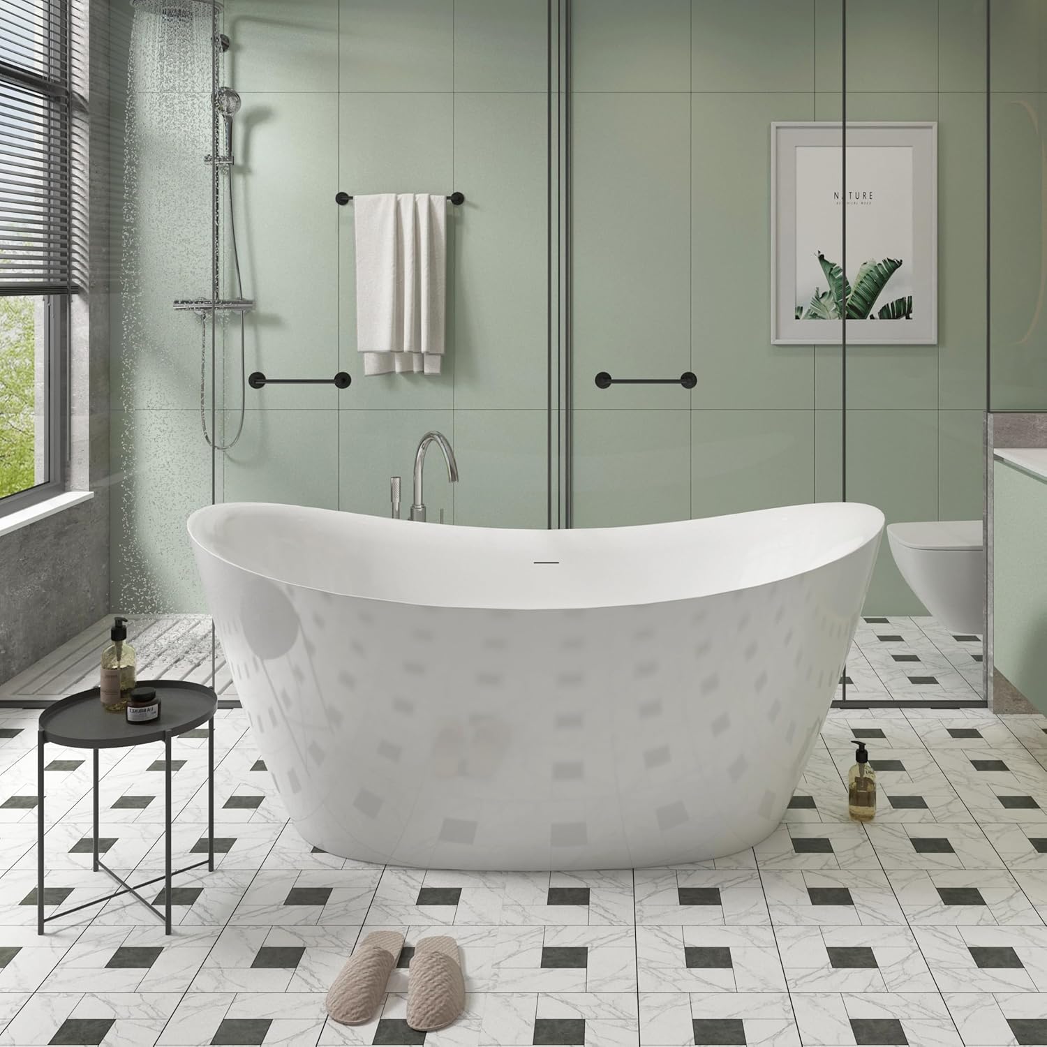 Acrylic Freestanding Contemporary Soaking Tub A19-59 Series 59' Bathtub White Modern Stand Alone Tub with Overflow and Pop-up Drain